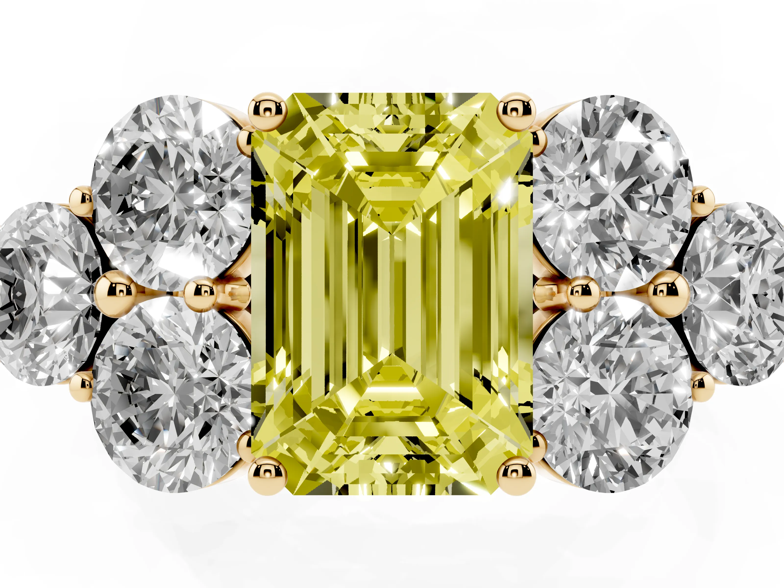 Fancy Yellow Emerald Cut Diamond Cluster Ring Set in Yellow gold with Round Accent Stones and Prong Setting on a Plain Band
