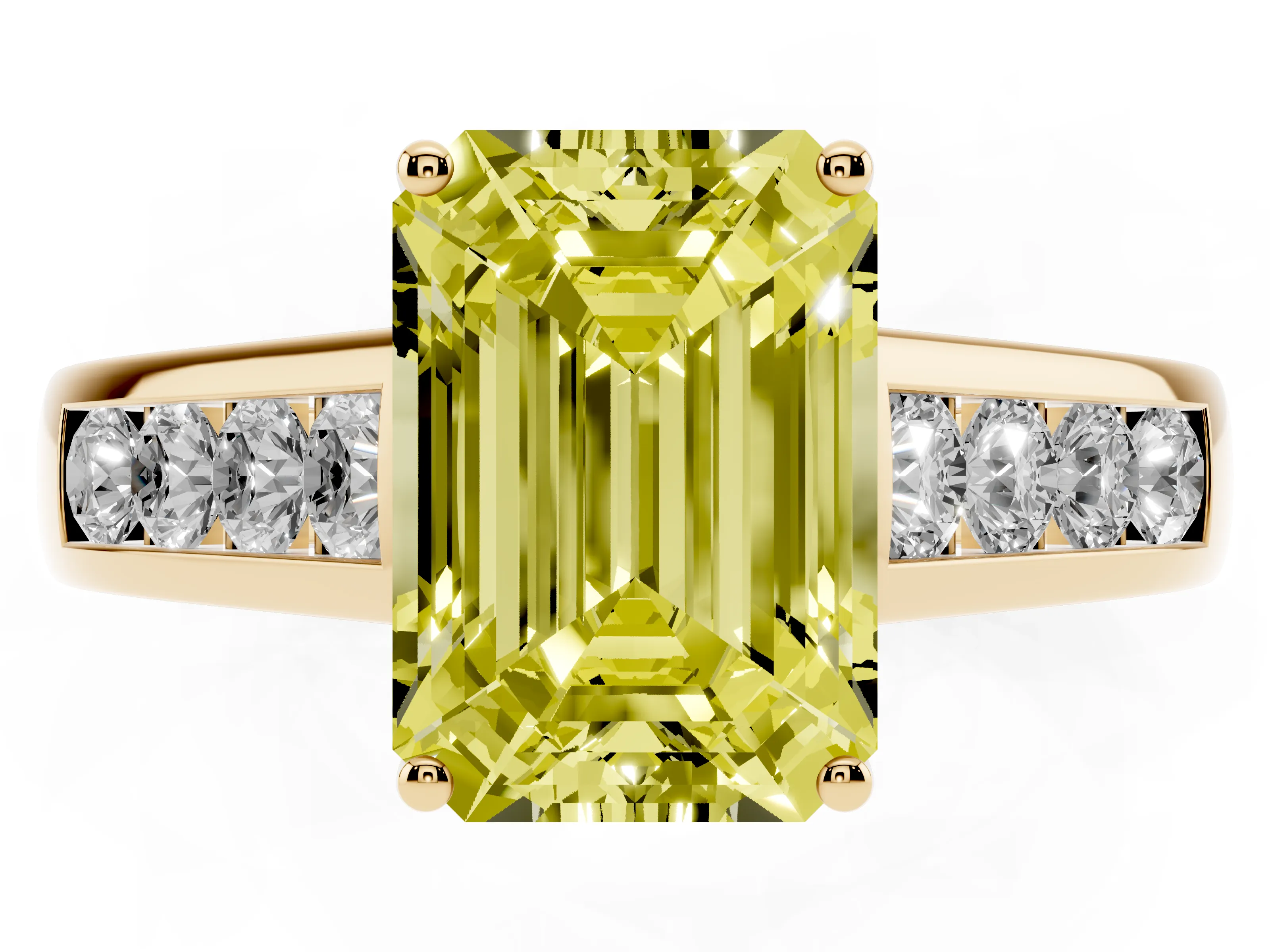 Fancy Yellow Emerald Cut Diamond Solitaire Channel-Set Engagement Ring Set in Yellow gold with Prong Setting