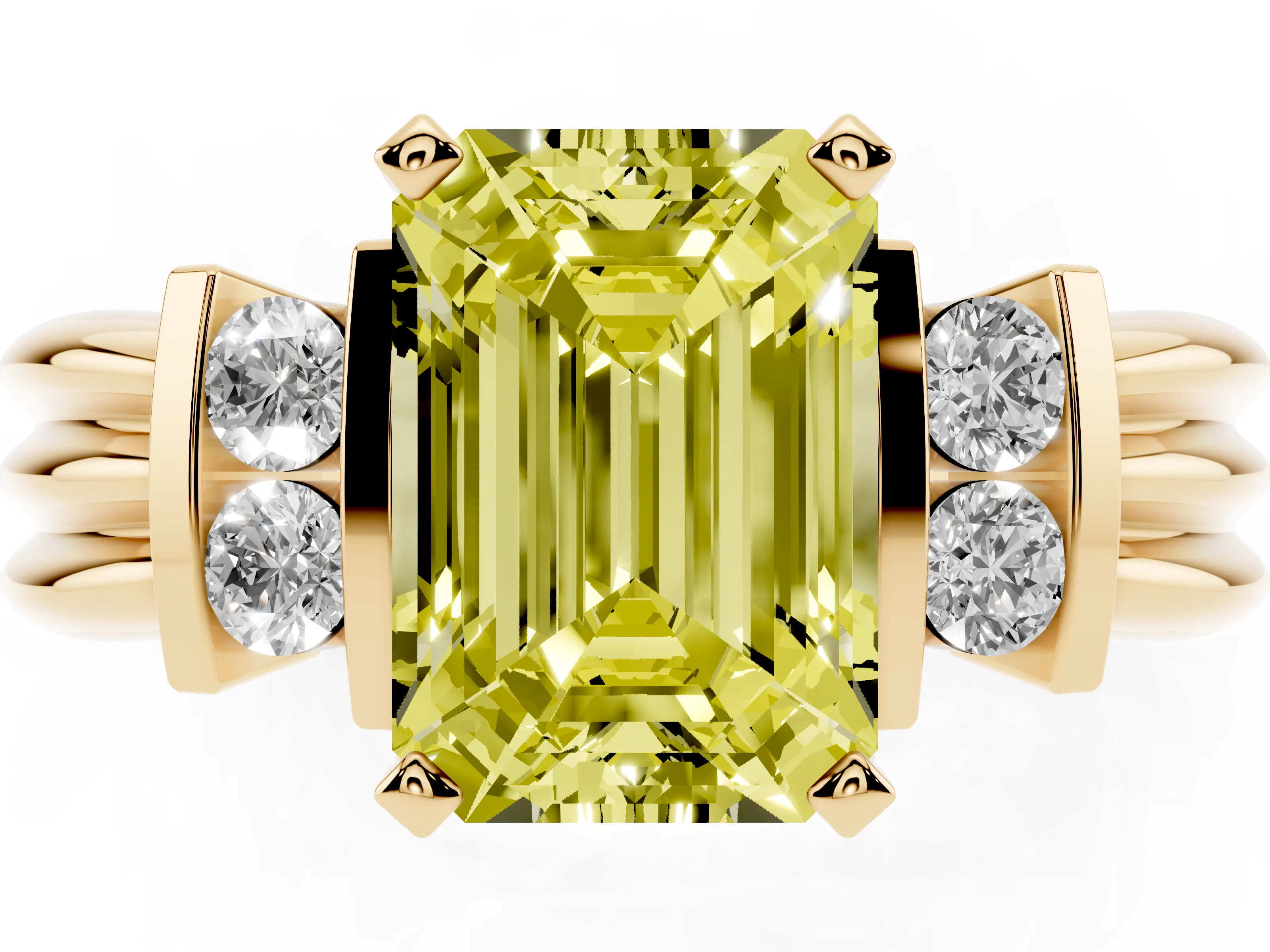 Fancy Yellow Three-Stone Emerald Cut Diamond Channel Set Ring Set in Yellow gold with Bar Prongs