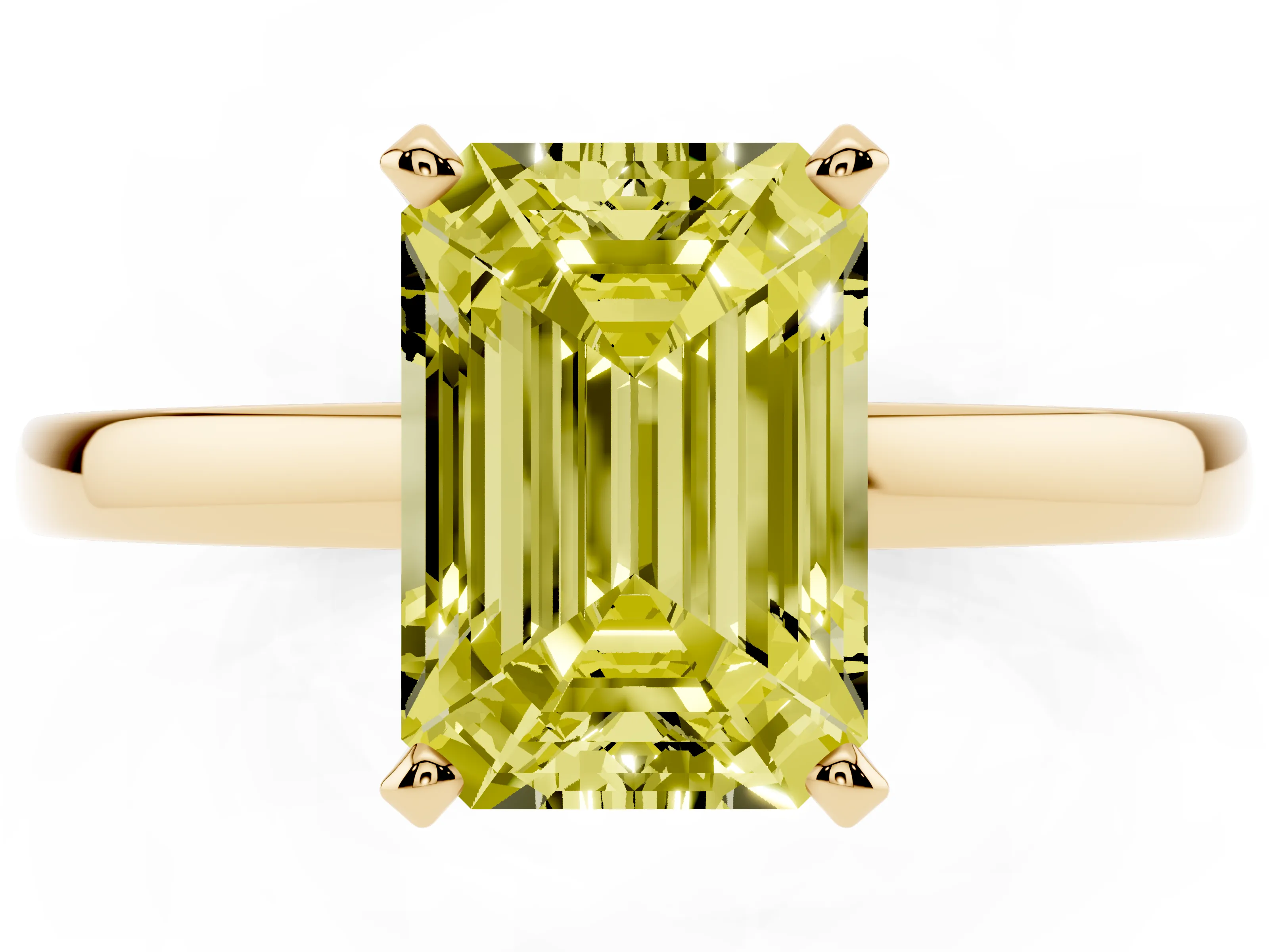 Fancy Yellow Emerald Cut Diamond Solitaire Engagement Ring Set in Yellow gold with Prong Setting on a Classic Band