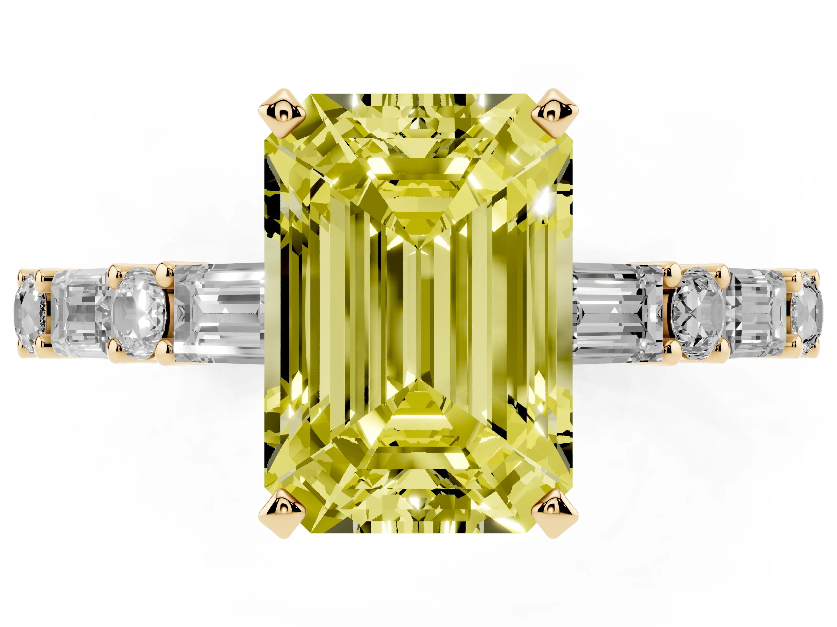 Fancy Yellow Emerald Cut Diamond Solitaire Set in Yellow gold with Side Baguettes and Channel Set Band