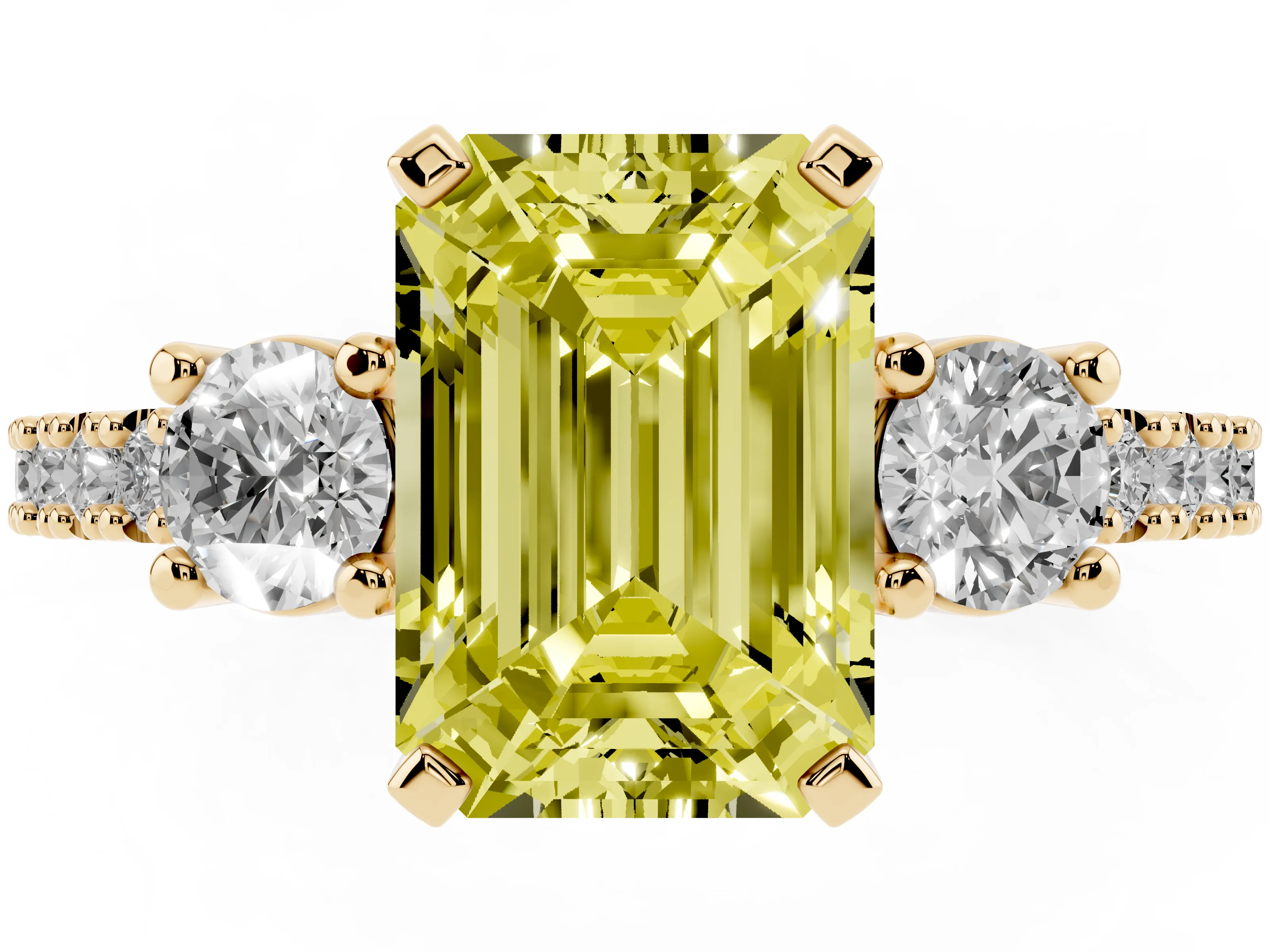 Fancy Yellow Three-Stone Emerald Cut Diamond Pavé Band Ring Set in Yellow gold with Prong Setting