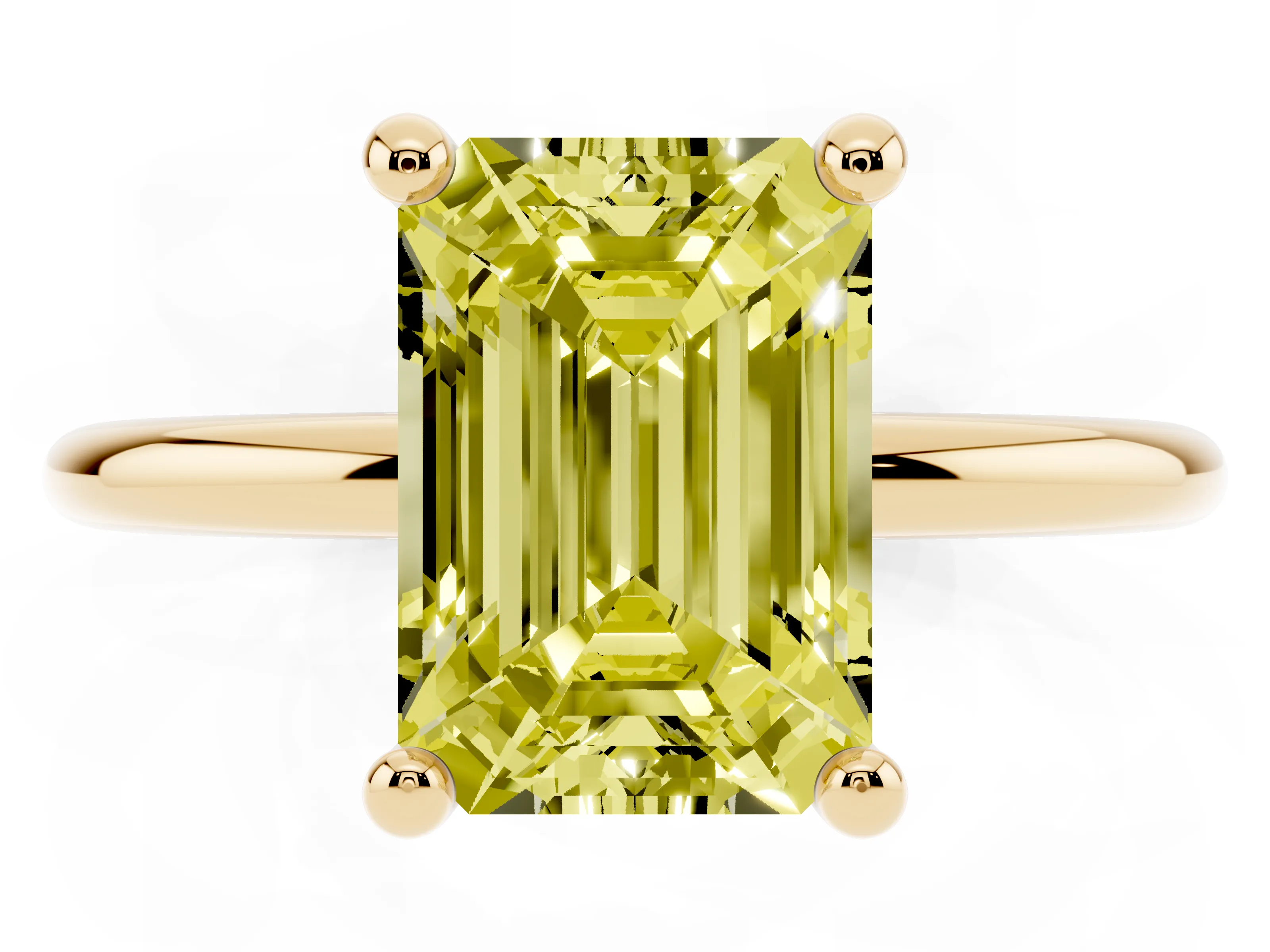 Fancy Yellow Emerald Cut Diamond Solitaire Ring Set in Yellow gold with Secure Prong Setting on a Classic Band