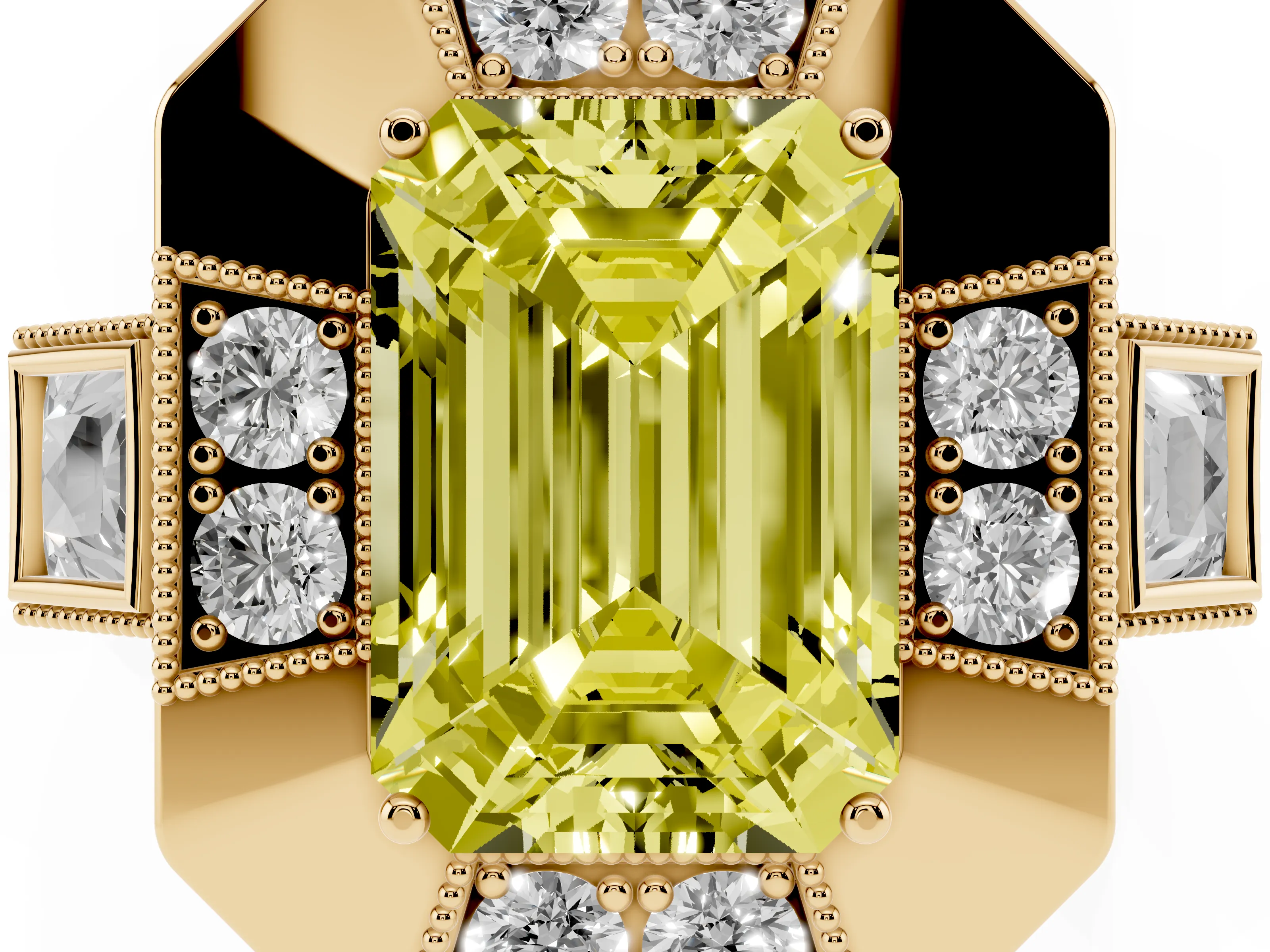 Fancy Yellow Emerald Cut Diamond Milgrain Halo Ring Set in Yellow gold with Split Shank