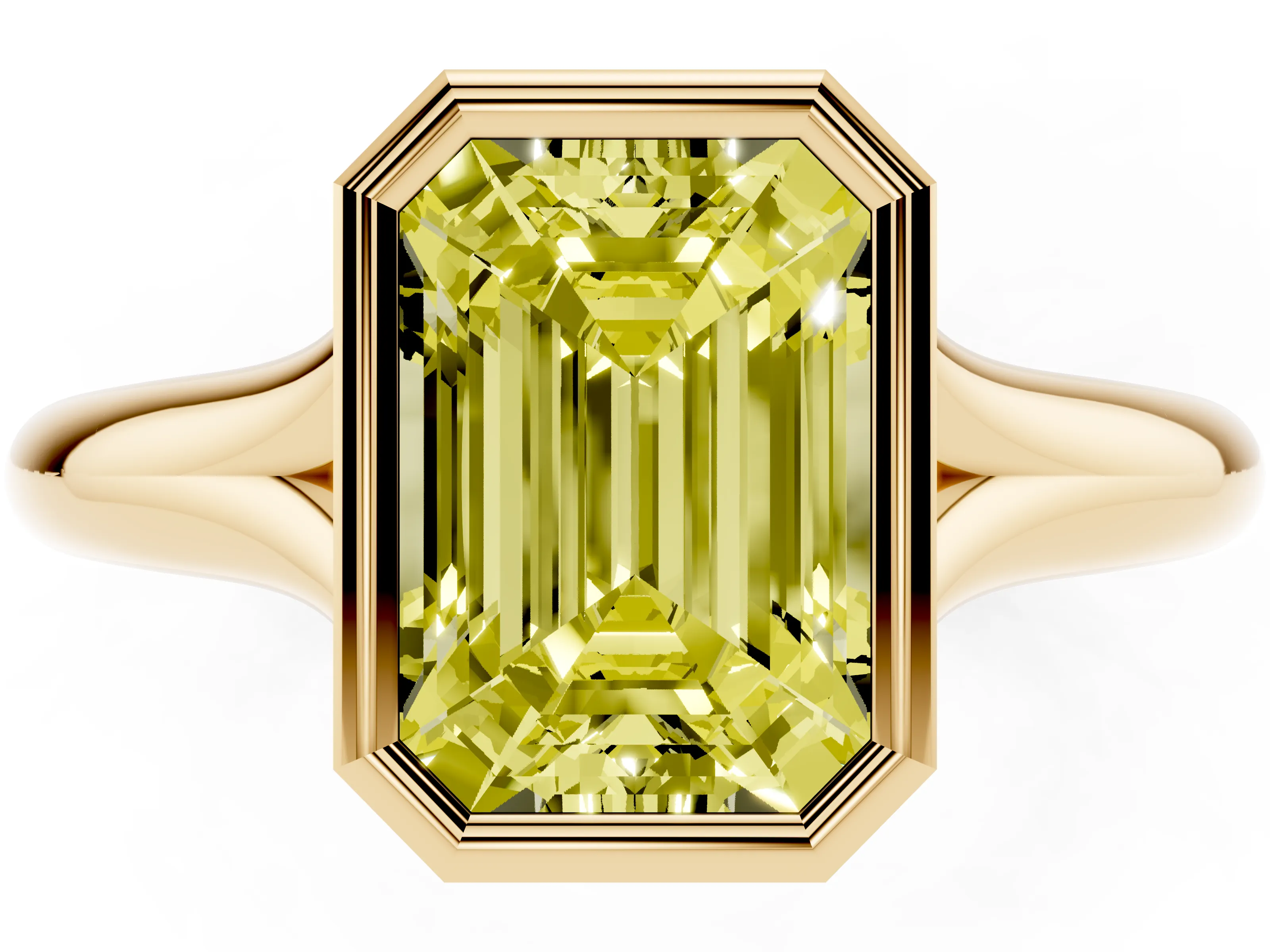 Fancy Yellow Bezel Set Emerald Cut Diamond Solitaire Ring Set in Yellow gold with Smooth Band