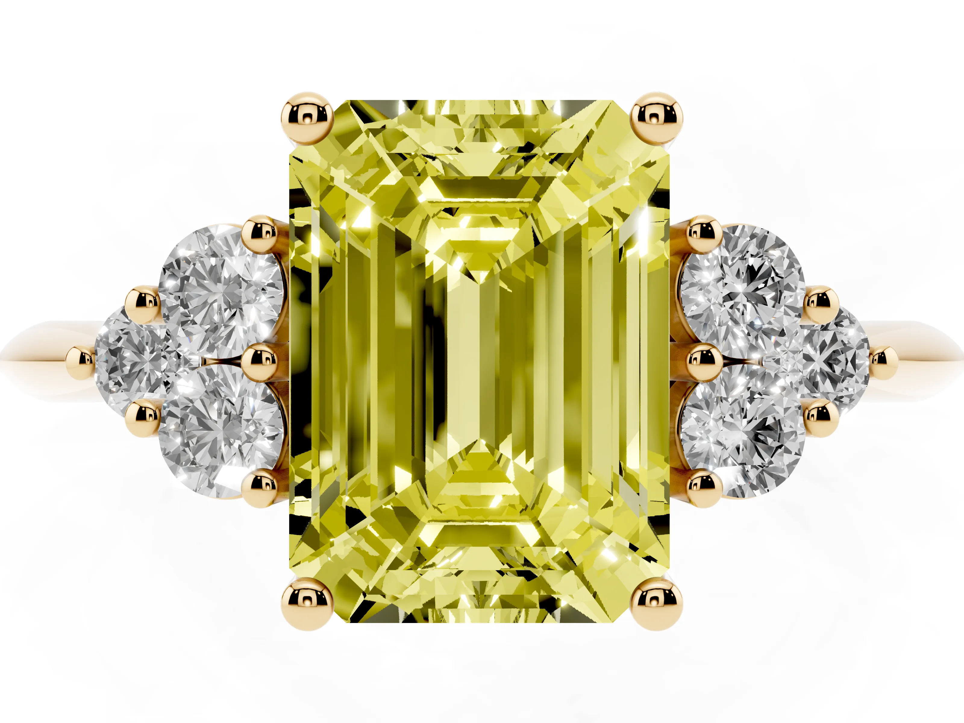 Fancy Yellow Emerald Cut Diamond Cluster Ring Set in Yellow gold with Plain Band and Prong Setting