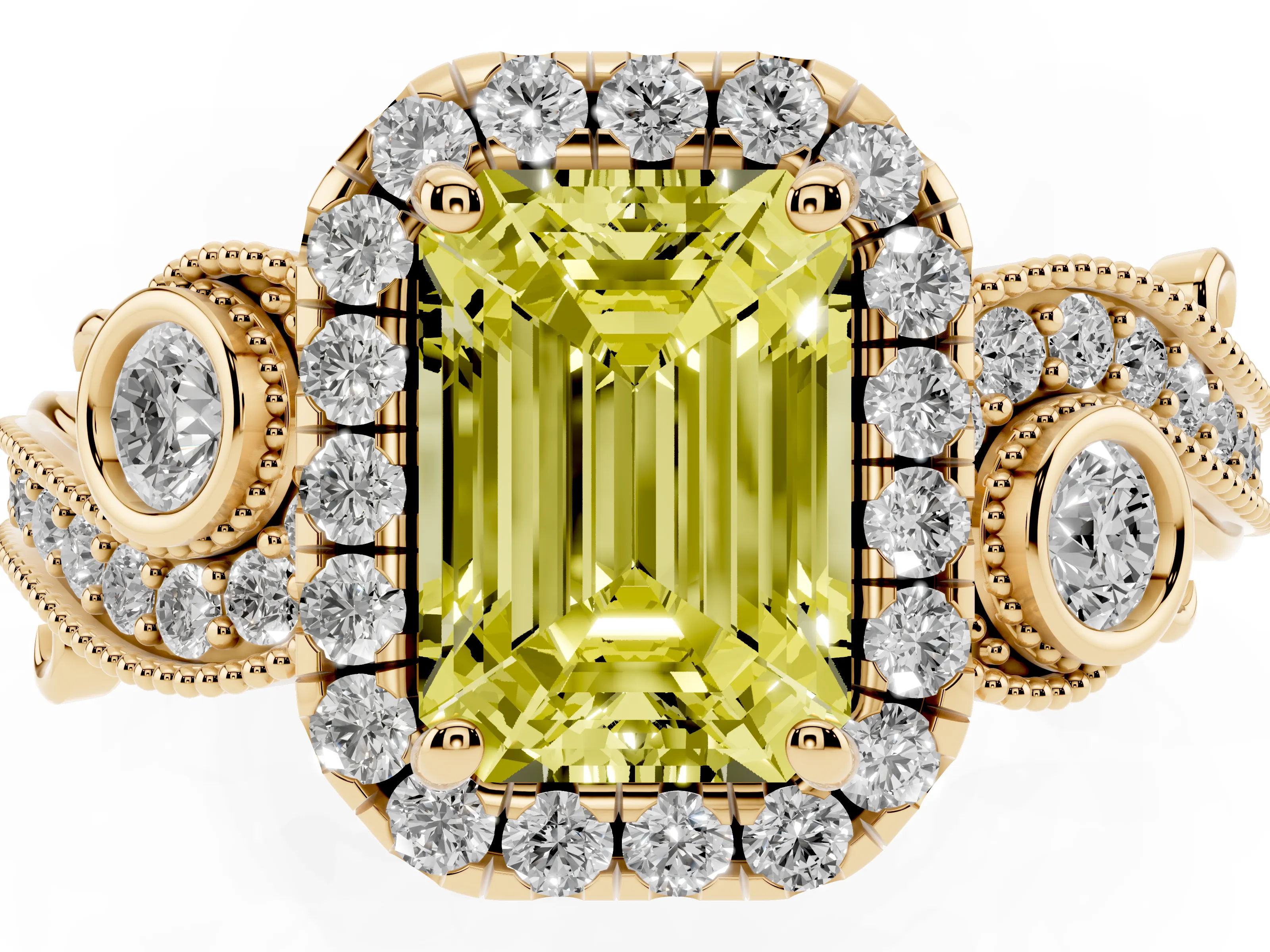 Fancy Yellow Emerald Cut Diamond Halo Ring Set in Yellow gold with Milgrain Pavé Band and Prong Setting