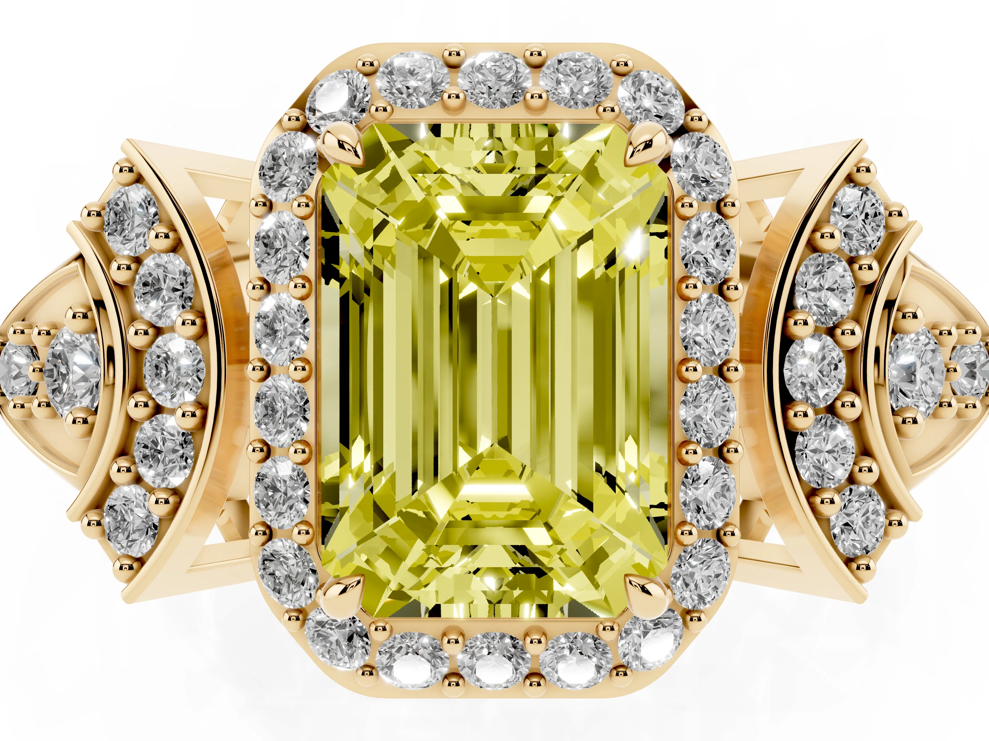 Fancy Yellow Emerald Cut Diamond Halo Engagement Ring Set in Yellow gold with Accent Stone Split Shank