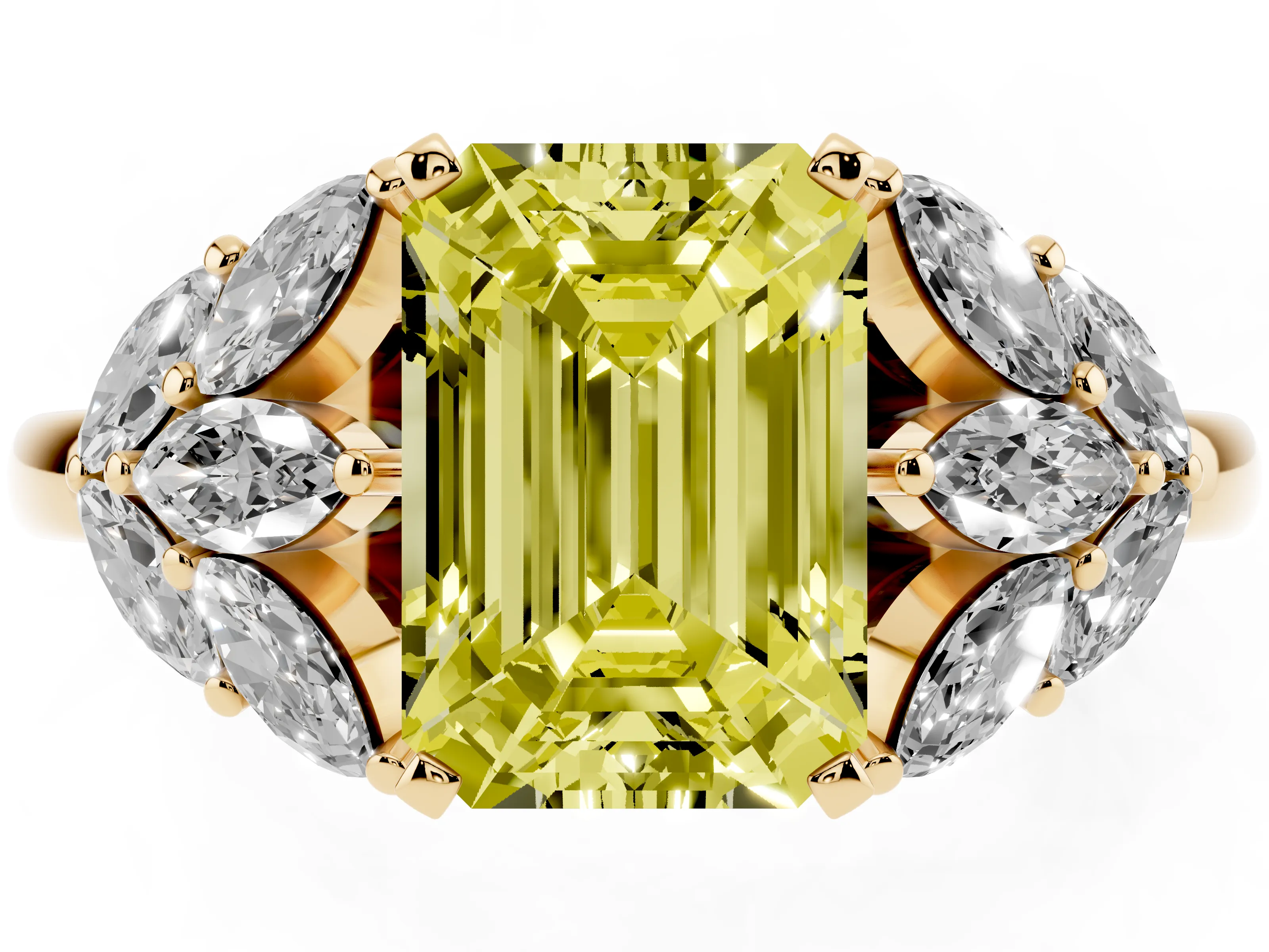 Fancy Yellow Emerald Cut Diamond Cluster Leaf Design Ring Set in Yellow gold with Prong Setting