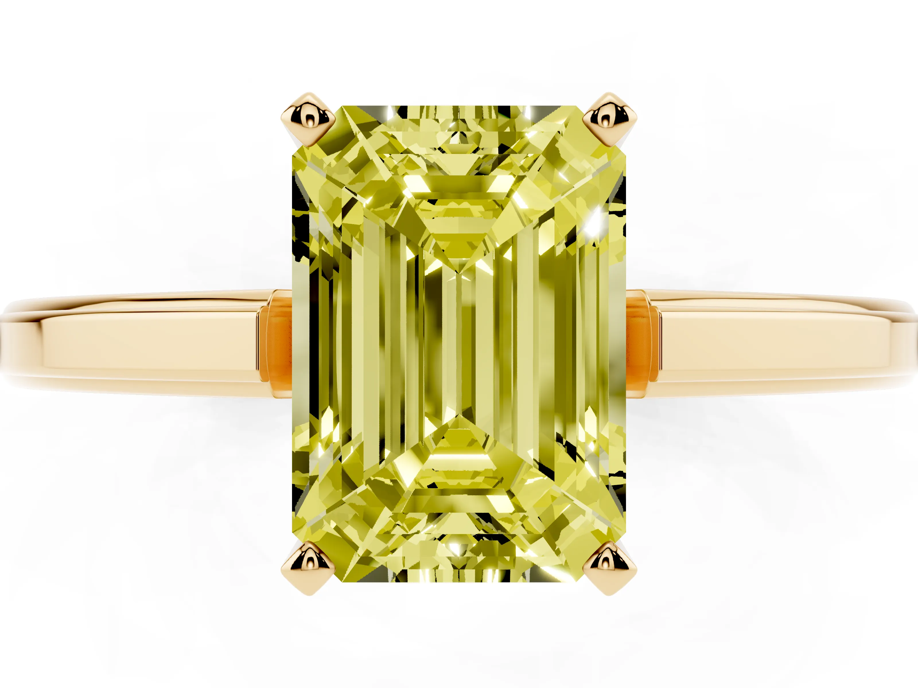 Fancy Yellow Emerald Cut Diamond Solitaire Ring Set in Yellow gold with Prong Setting and Classic Band