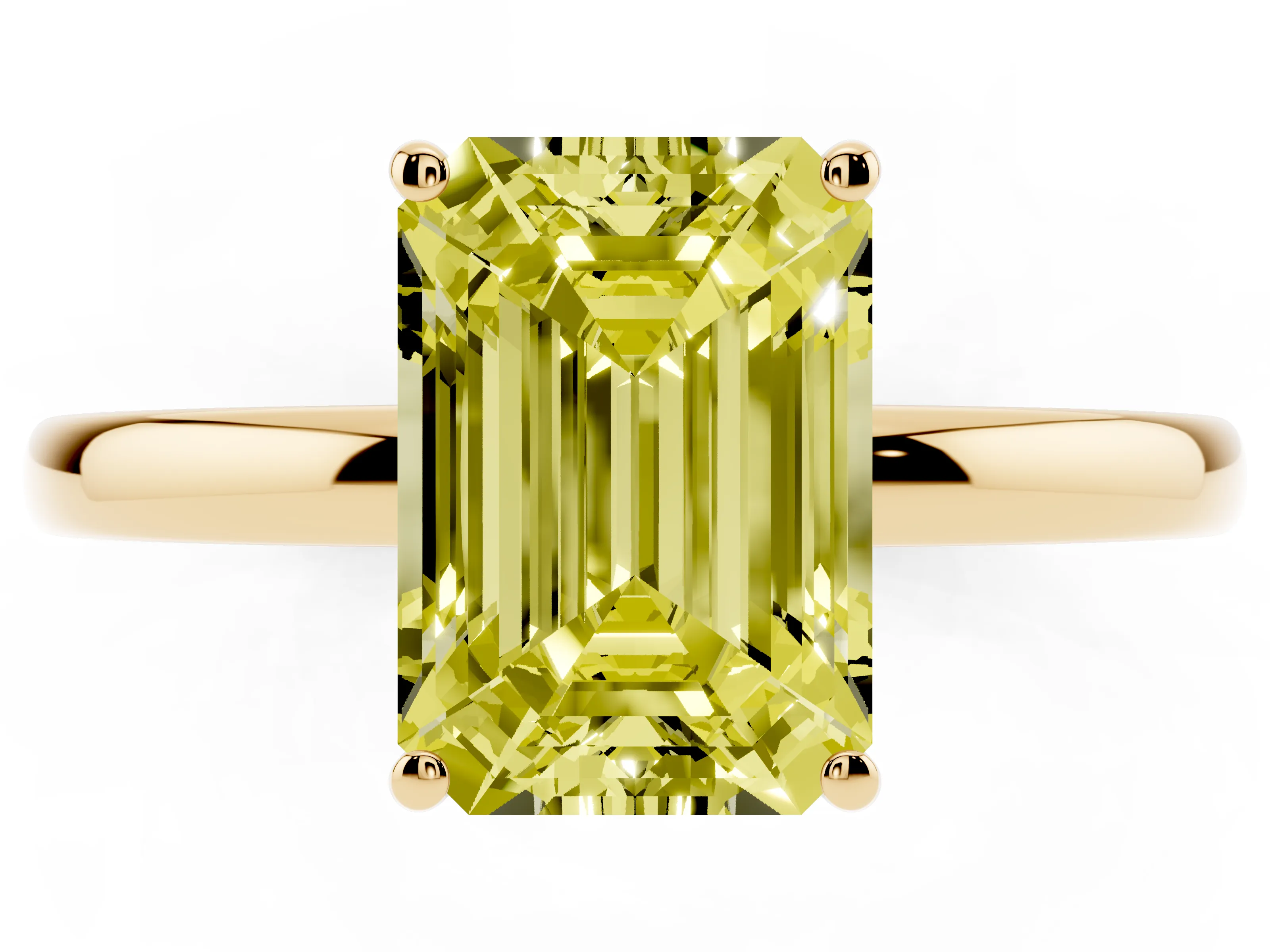 Fancy Yellow Emerald Cut Diamond Solitaire Ring Set in Yellow gold with Plain Band and Prong Setting