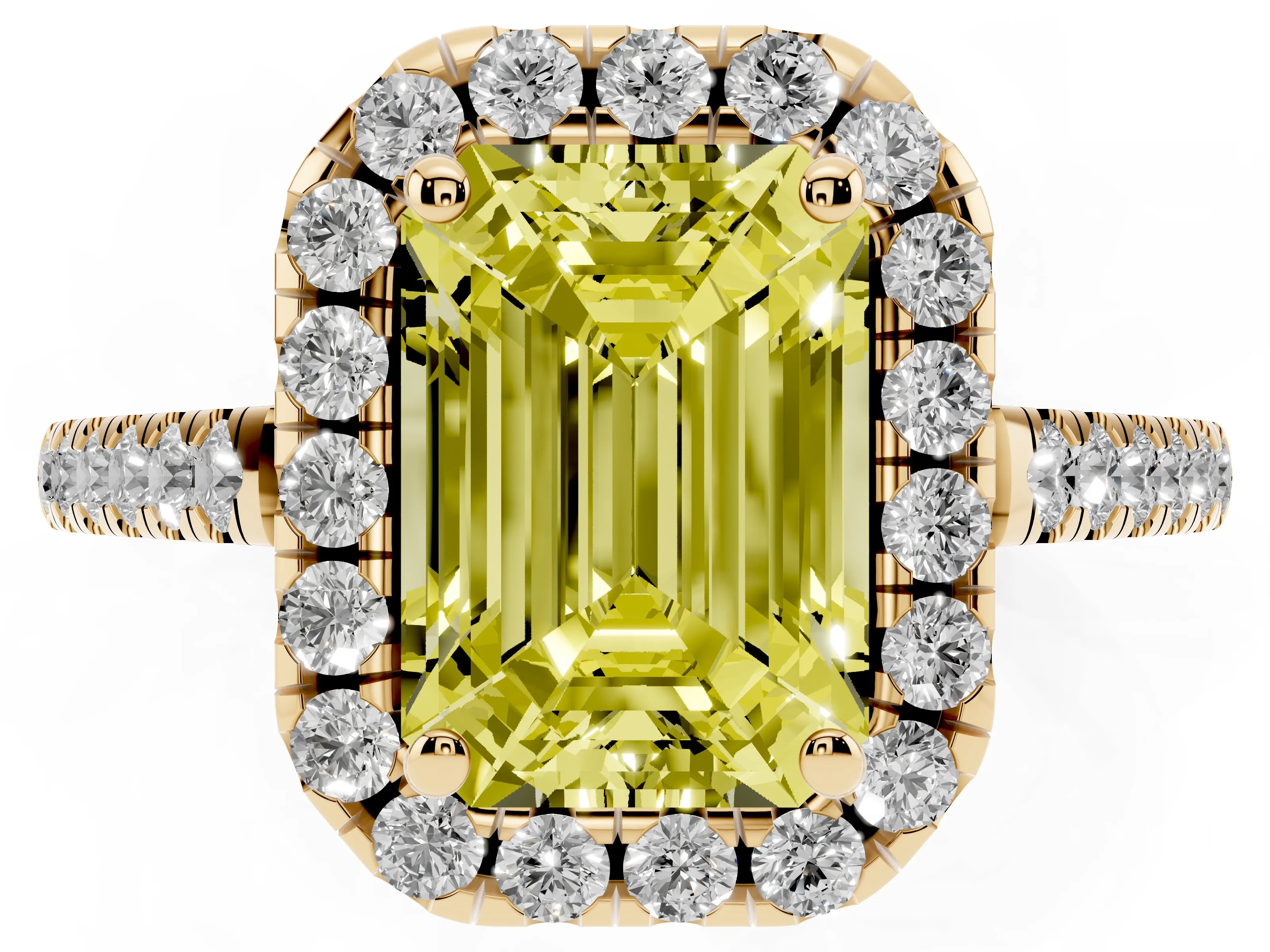 Fancy Yellow Emerald Cut Diamond Pavé Halo Engagement Ring Set in Yellow gold with Pavé Band and Prong Setting
