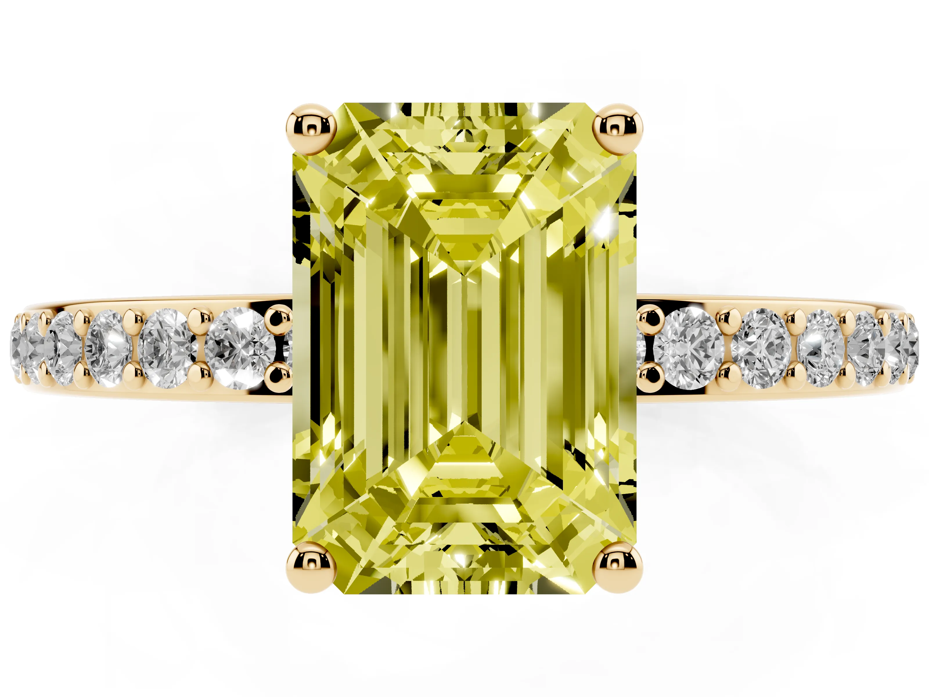 Fancy Yellow Emerald Cut Diamond Pavé Band Ring Set in Yellow gold with Prong-Set Center Stone