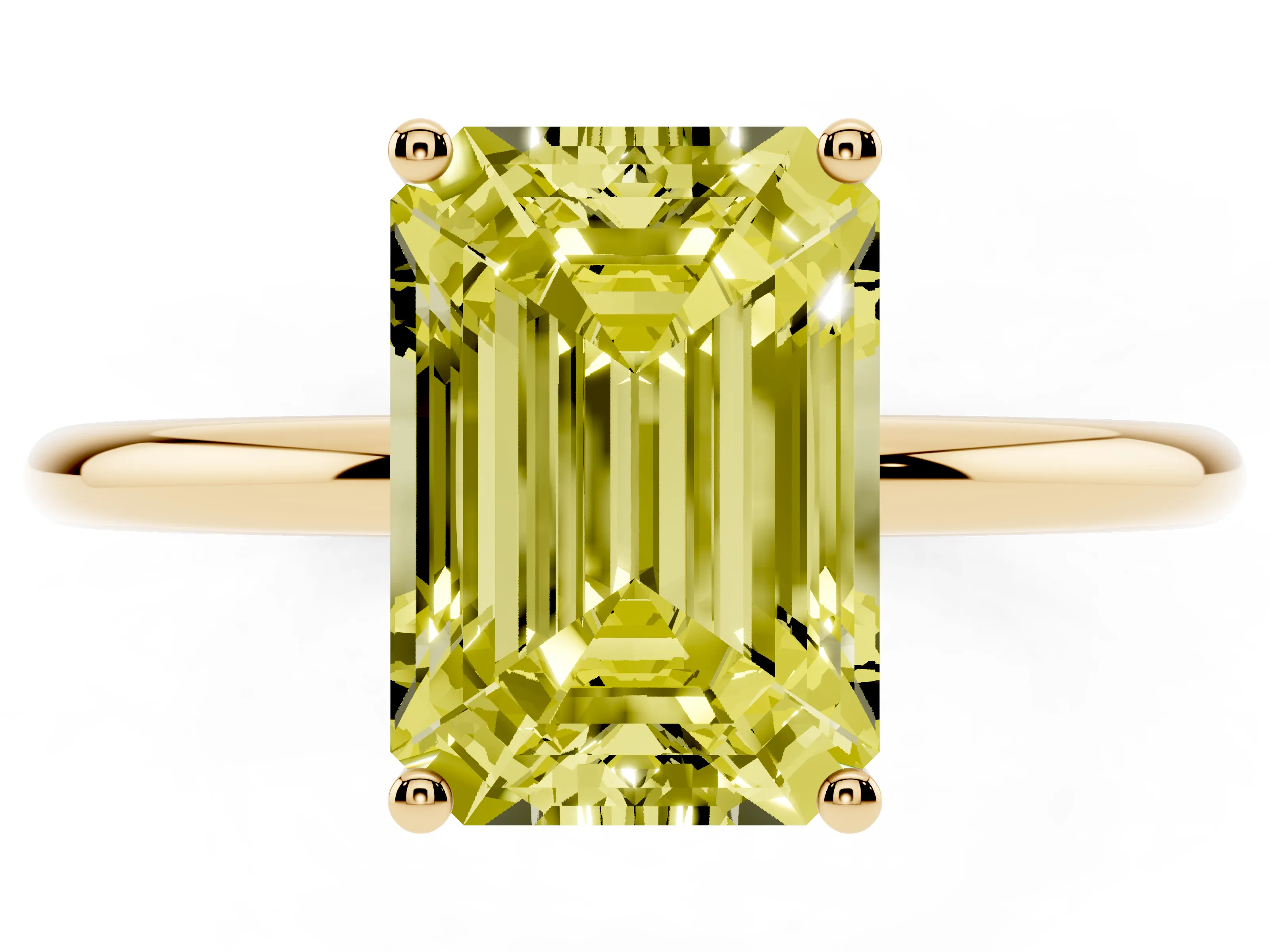 Fancy Yellow Emerald Cut Diamond Solitaire Engagement Ring Set in Yellow gold with Thin Band and Prong Setting