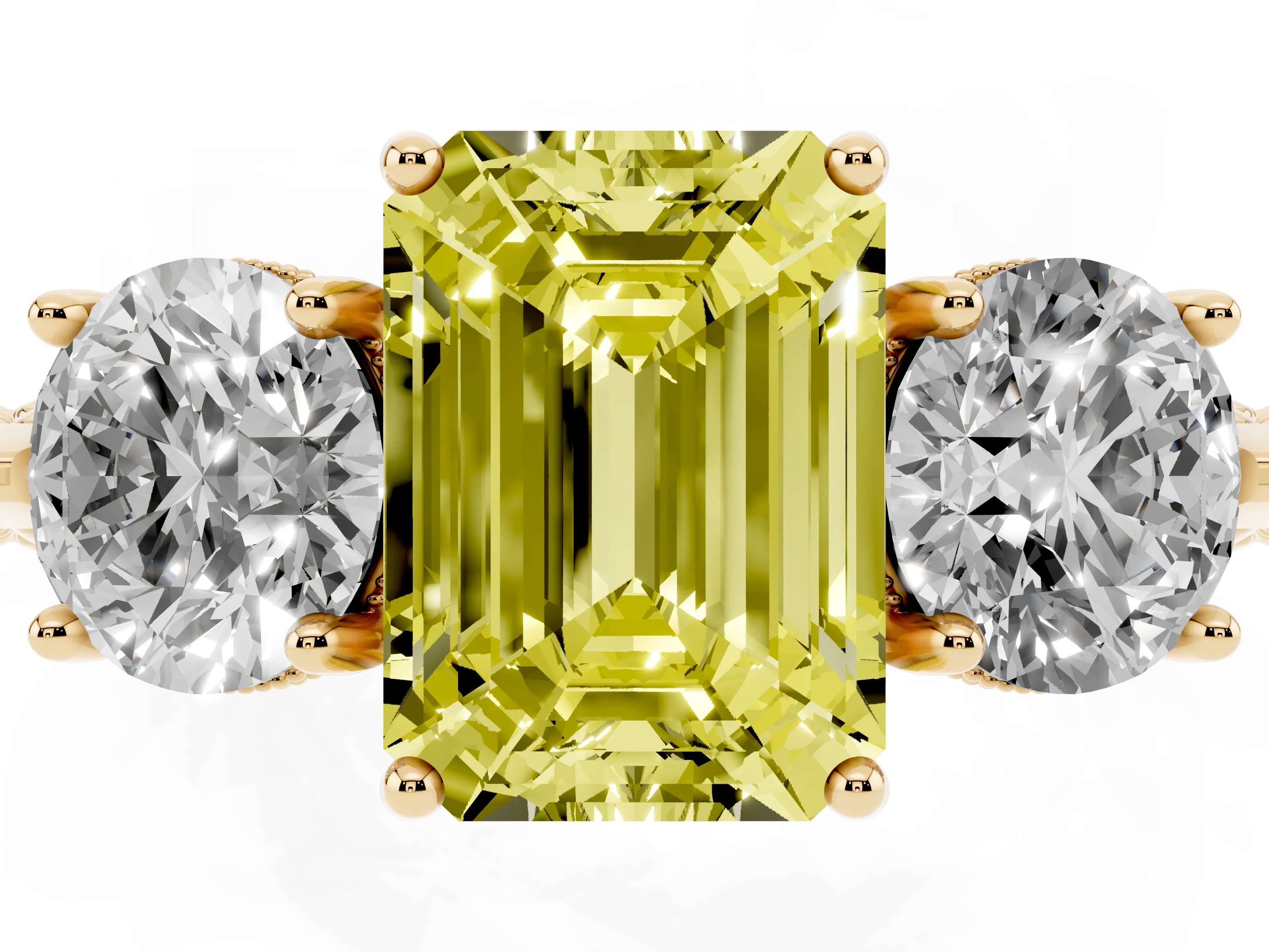 Fancy Yellow Emerald Cut Diamond Three-Stone Ring Set in Yellow gold with Milgrain Band
