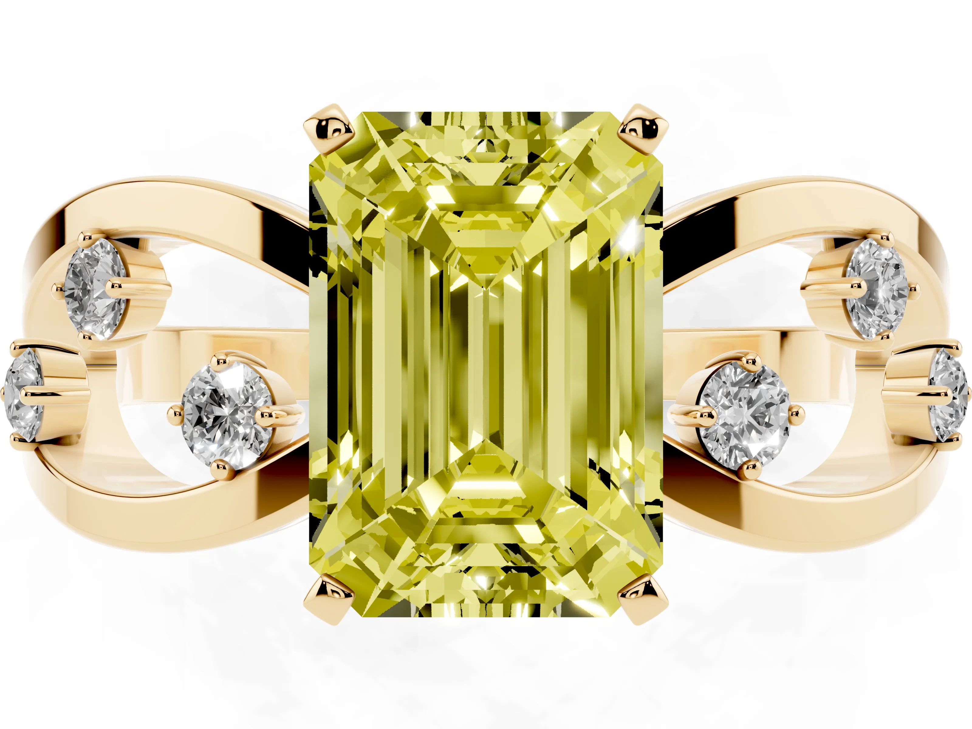 Fancy Yellow Emerald Cut Diamond Solitaire Ring Set in Yellow gold with Side Stones on Criss-Cross Band and Prong Setting