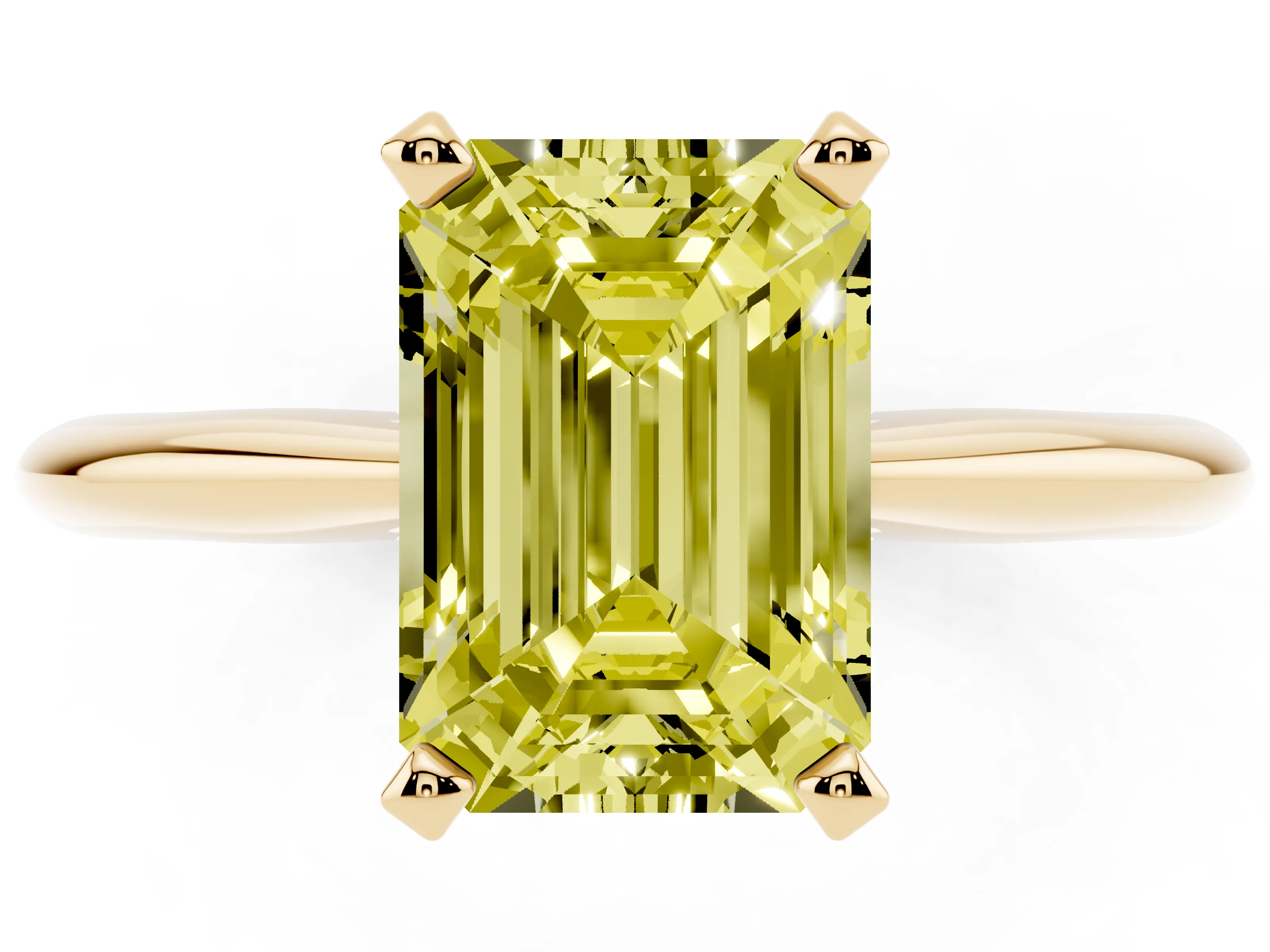 Fancy Yellow Emerald Cut Diamond Solitaire Ring Set in Yellow gold with Prong Setting on a Plain Round Band