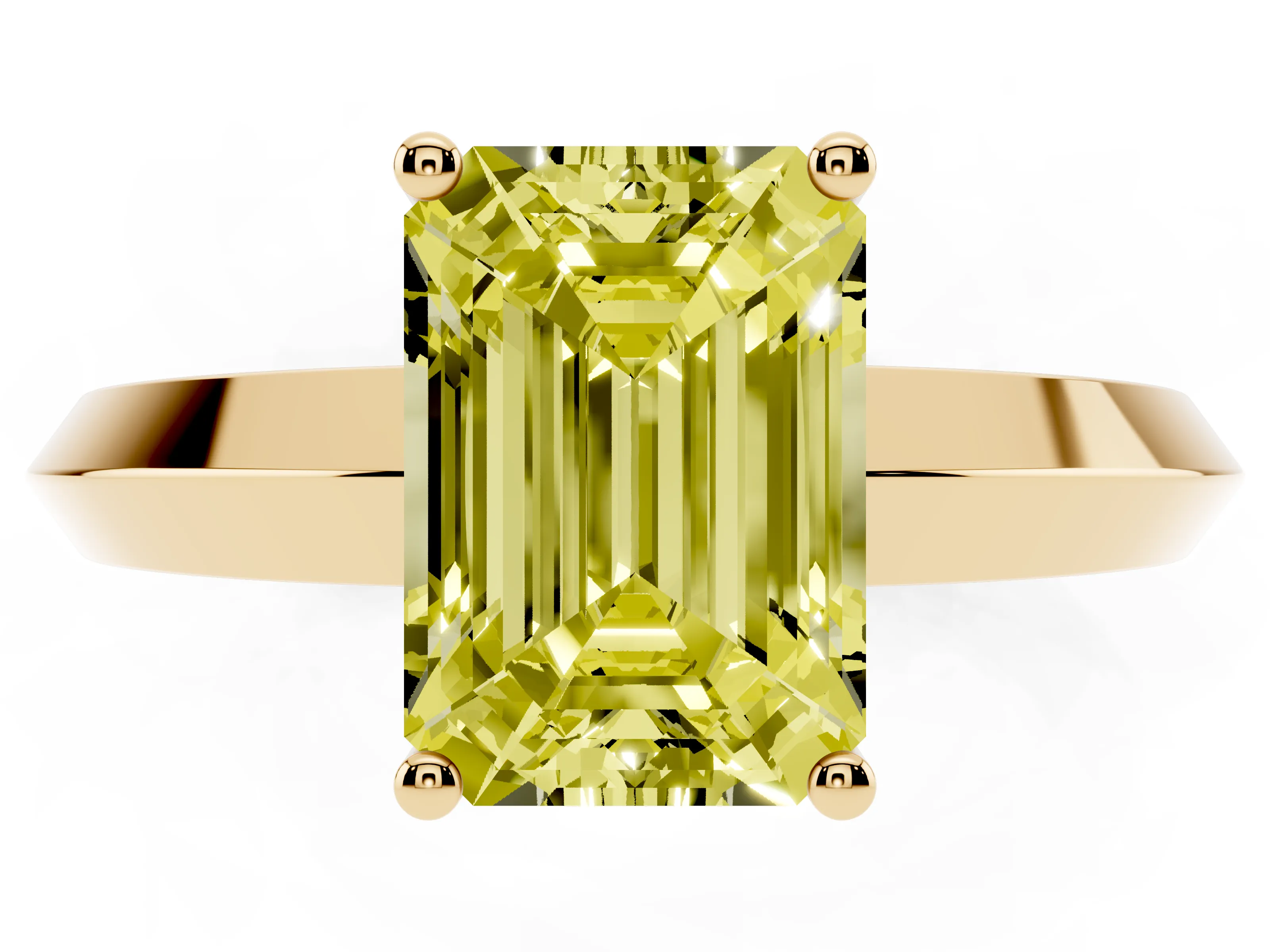 Fancy Yellow Emerald Cut Diamond Solitaire Engagement Ring Set in Yellow gold with Flat Band and Prong Setting