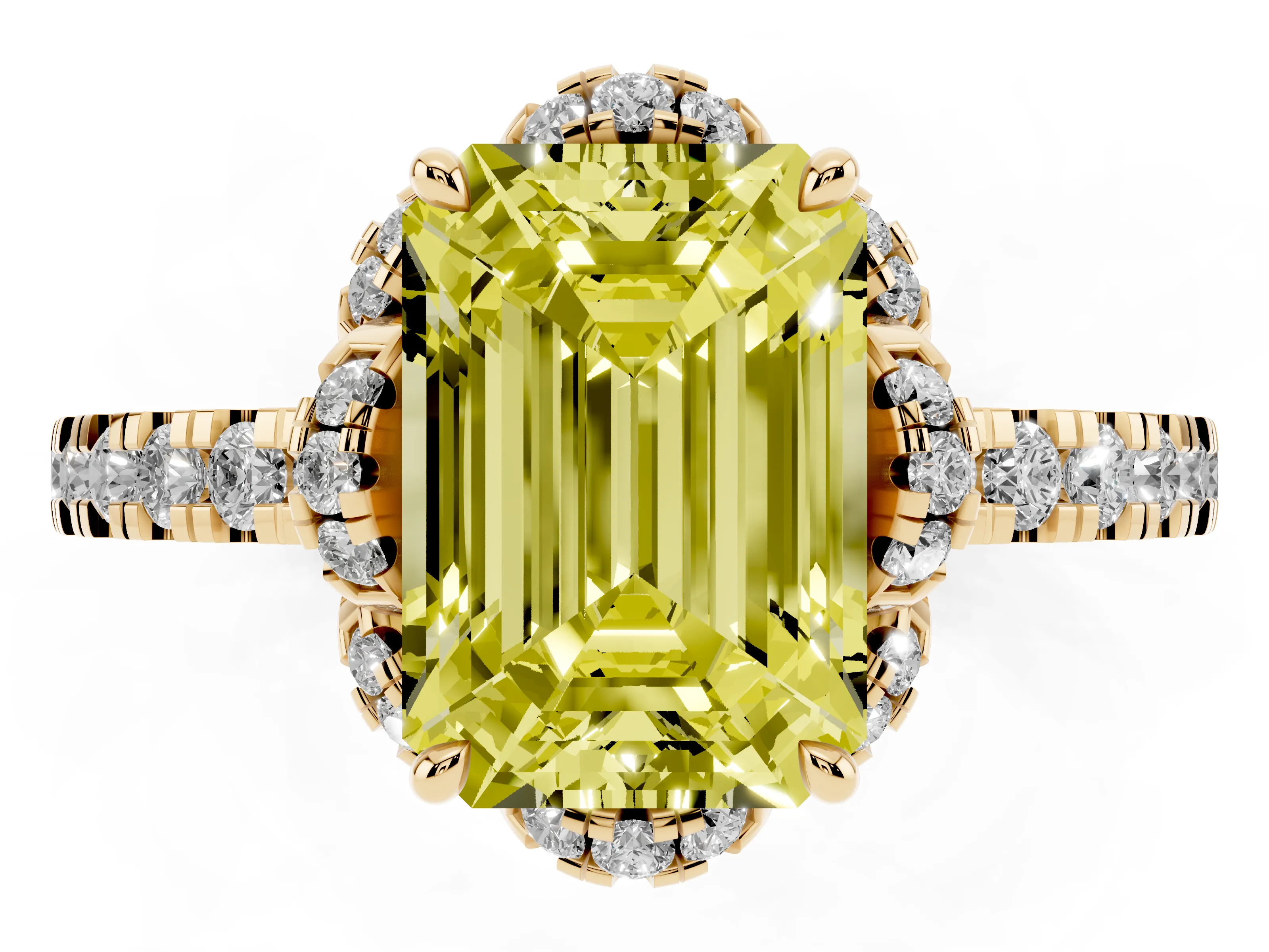 Fancy Yellow Emerald Cut Diamond Halo Pavé Band Ring Set in Yellow gold with Prong-Held Center