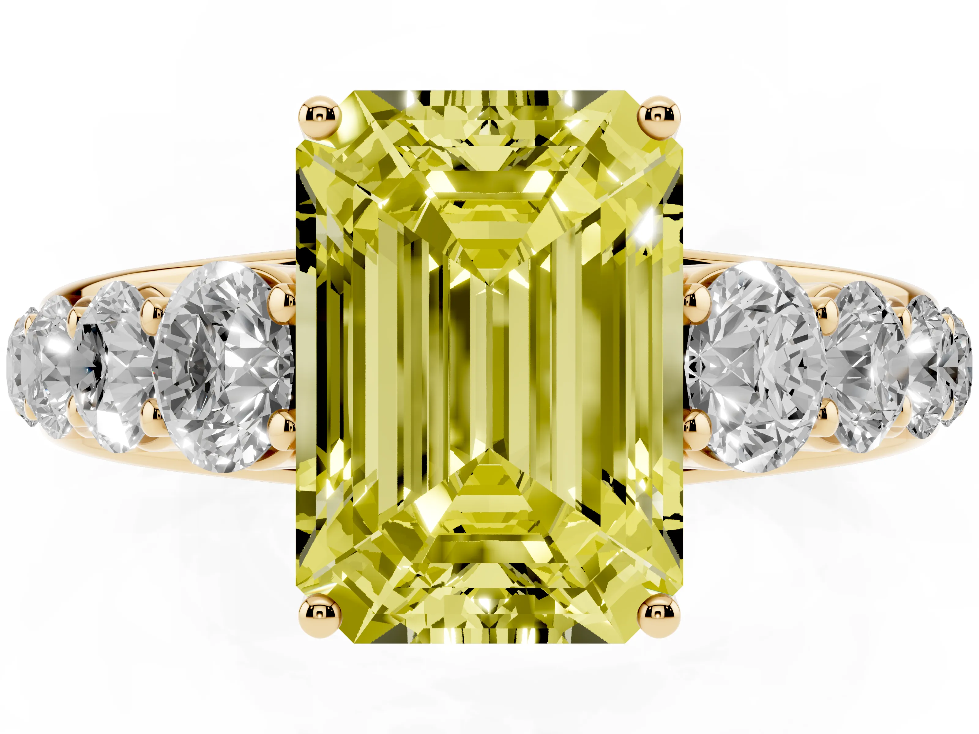 Fancy Yellow Emerald Cut Diamond Solitaire Ring Set in Yellow gold with Pavé-Set Band and Prong Setting