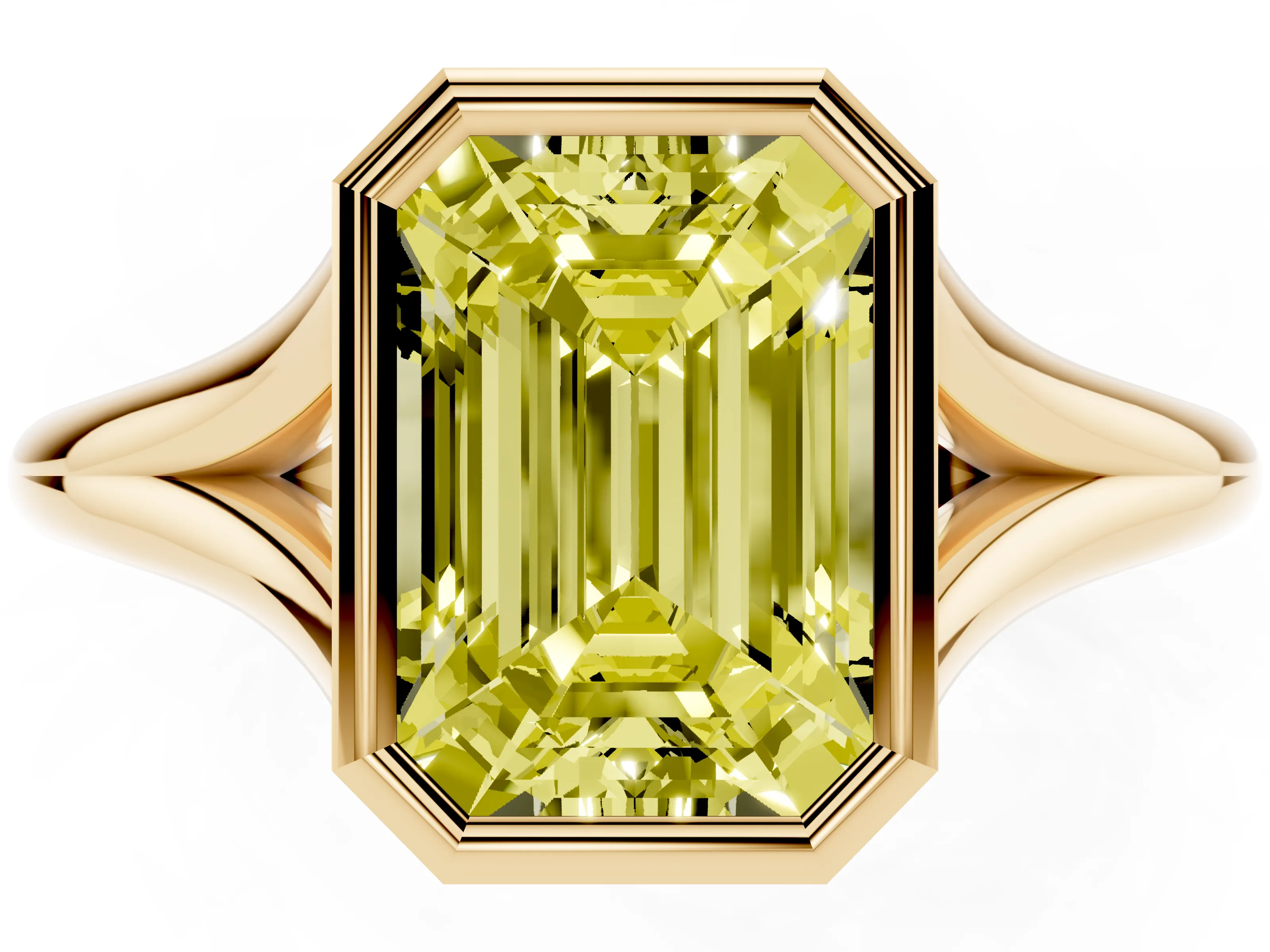 Fancy Yellow Bezel Set Emerald Cut Diamond Solitaire Ring Set in Yellow gold with Tapered Band