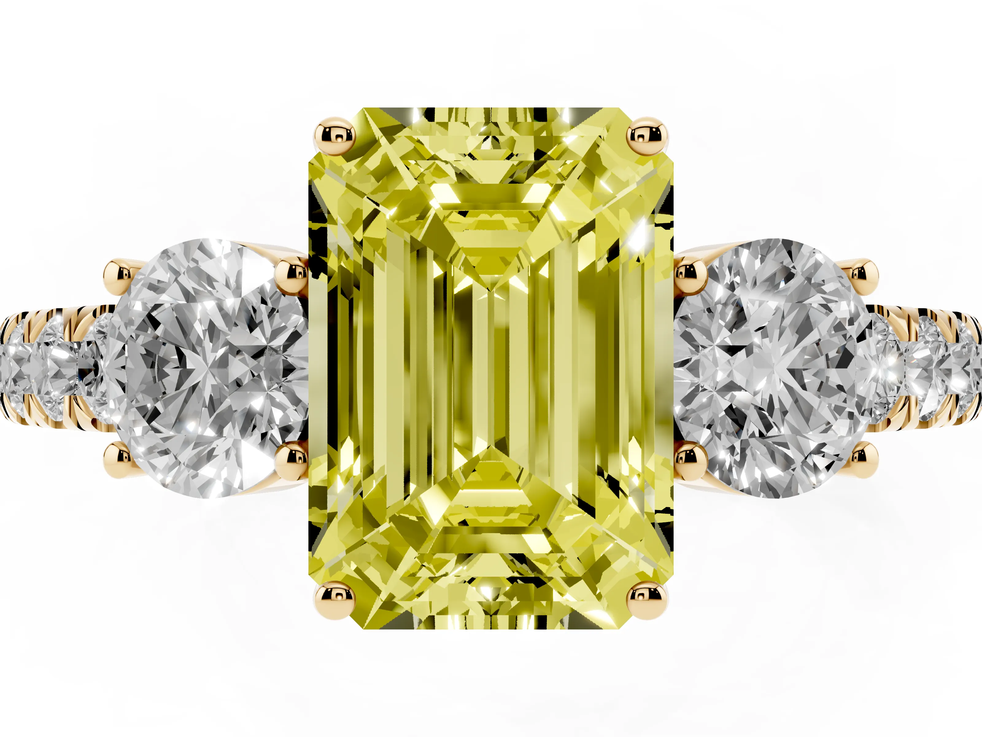 Fancy Yellow Emerald Cut Diamond Three-Stone Ring Set in Yellow gold with Round Side Stones and Delicate Pavé Band