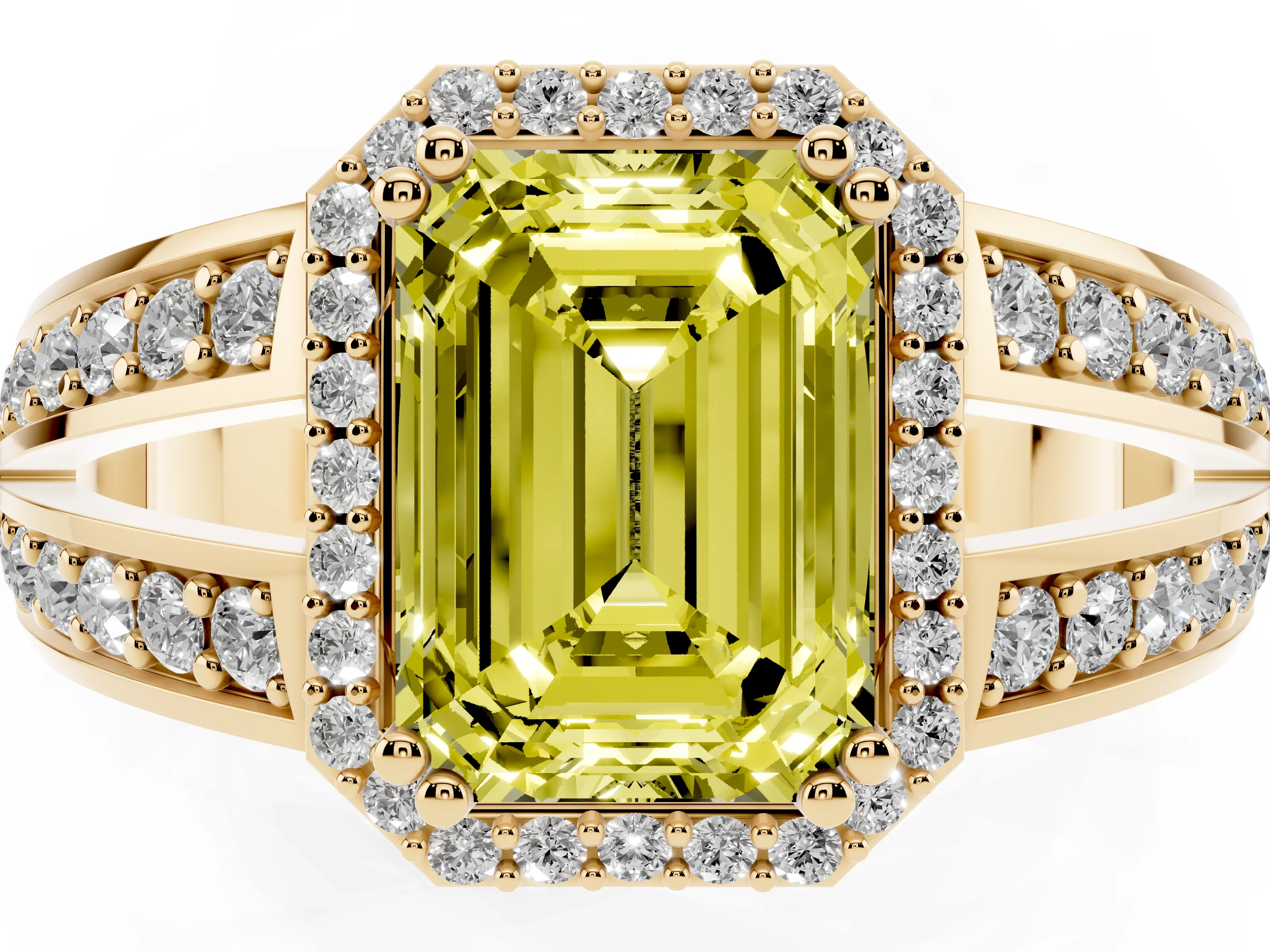 Fancy Yellow Emerald Cut Diamond Halo Ring Set in Yellow gold with Double Pavé Split Shank