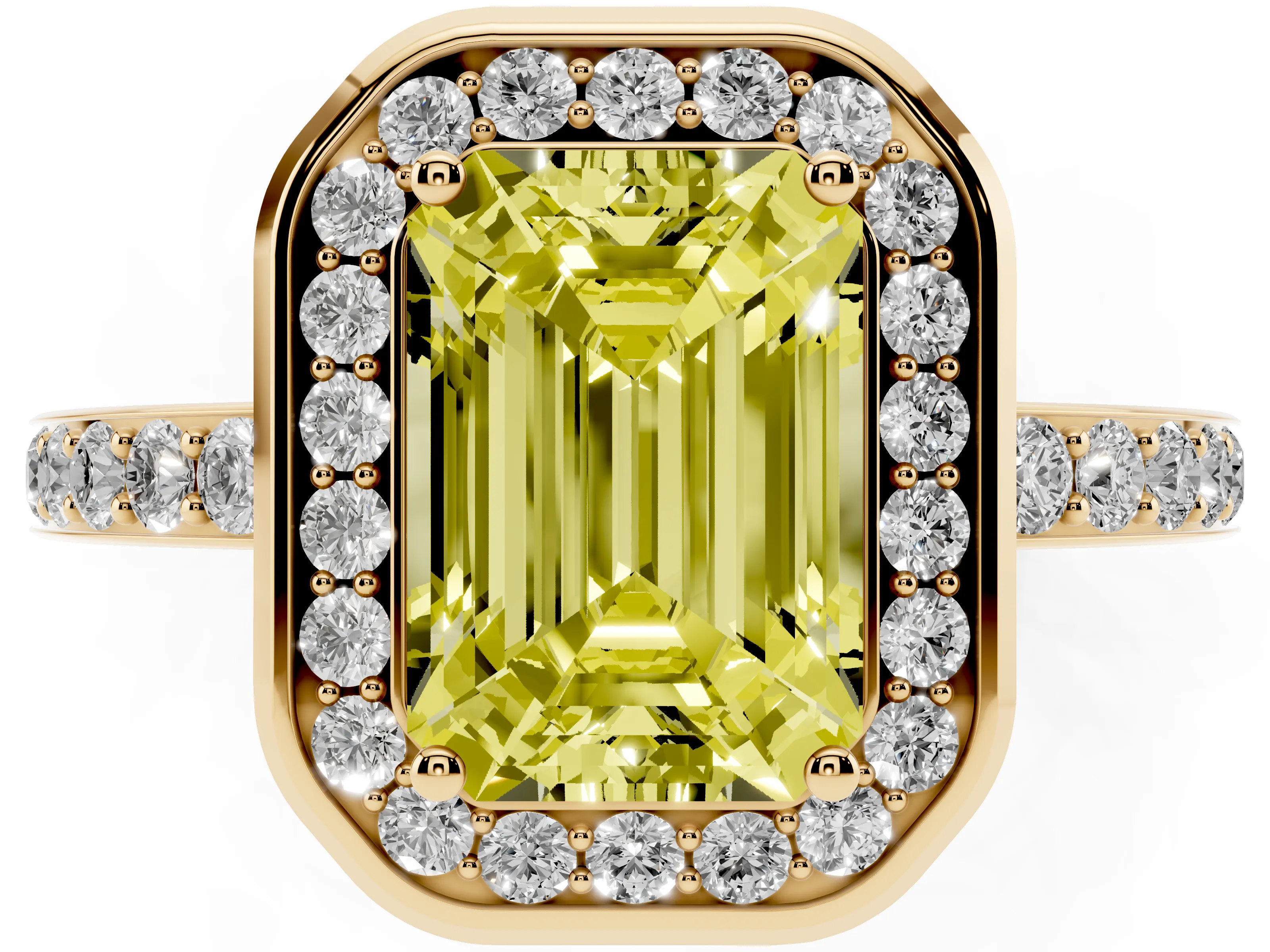 Fancy Yellow Emerald Cut Diamond Halo Ring Set in Yellow gold with Bezel Frame and Pavé Band