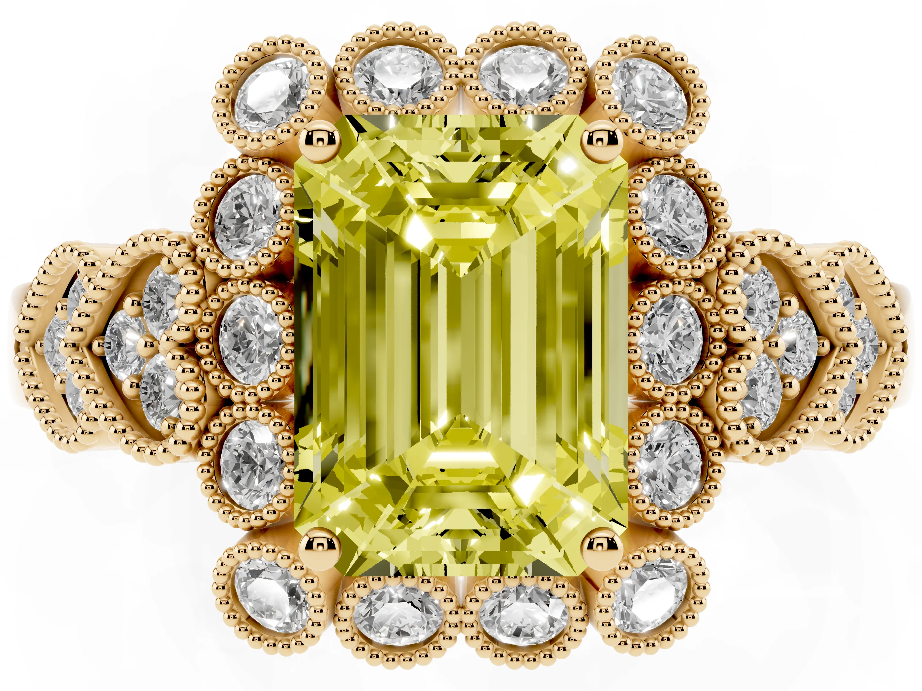 Fancy Yellow Emerald Cut Diamond Solitaire Ring Set in Yellow gold with Milgrain Pavé Heart Band
