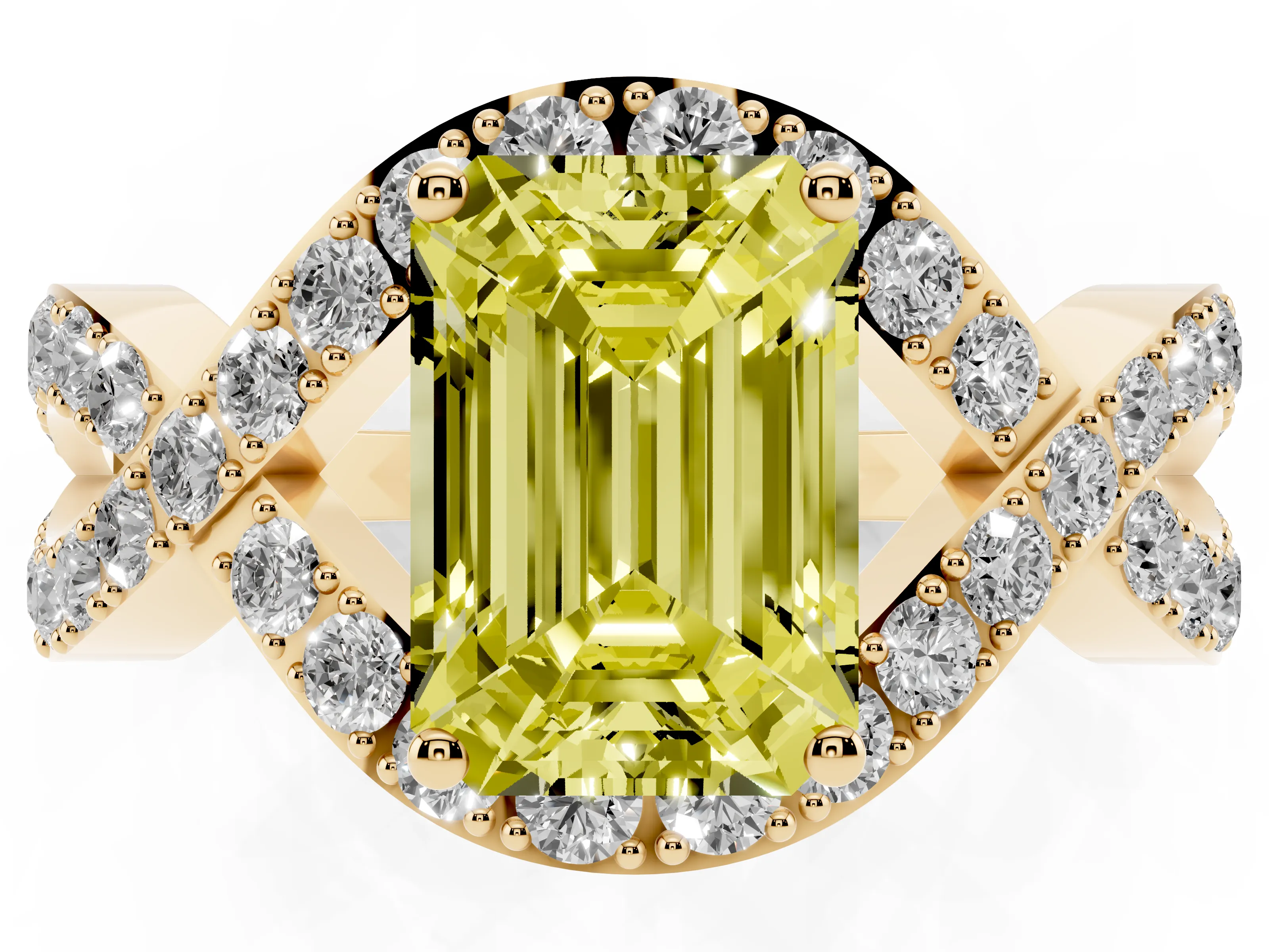 Fancy Yellow Emerald Cut Diamond Solitaire Twist Band Pavé Engagement Ring Set in Yellow gold
