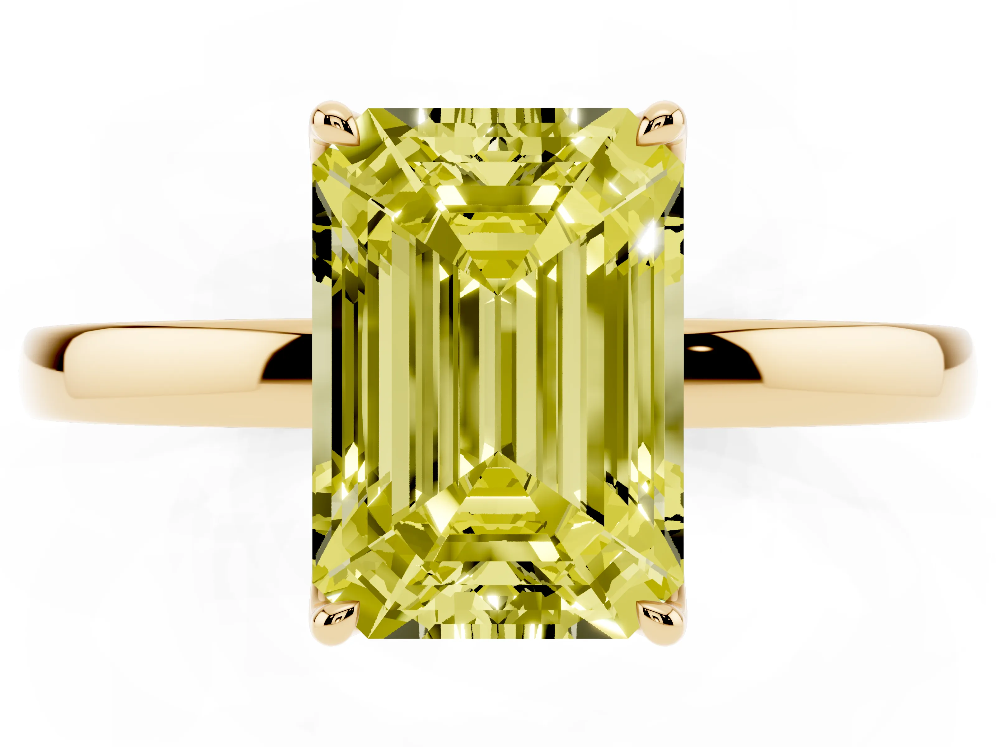 Fancy Yellow Emerald Cut Diamond Solitaire Ring Set in Yellow gold with Prong Setting and Thin Polished Band