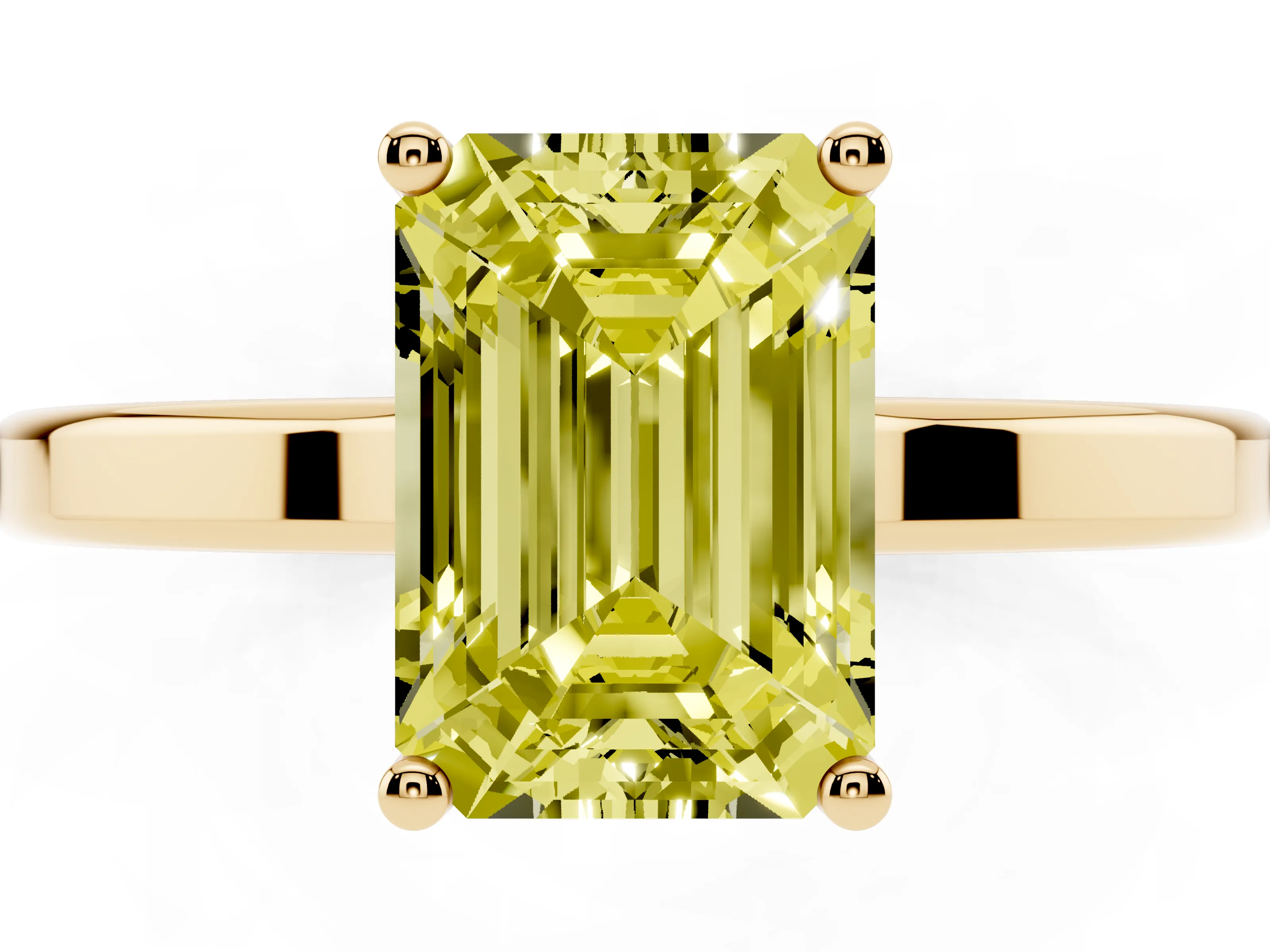 Fancy Yellow Emerald Cut Diamond Solitaire Engagement Ring Set in Yellow gold with Prong Setting on a Plain Band