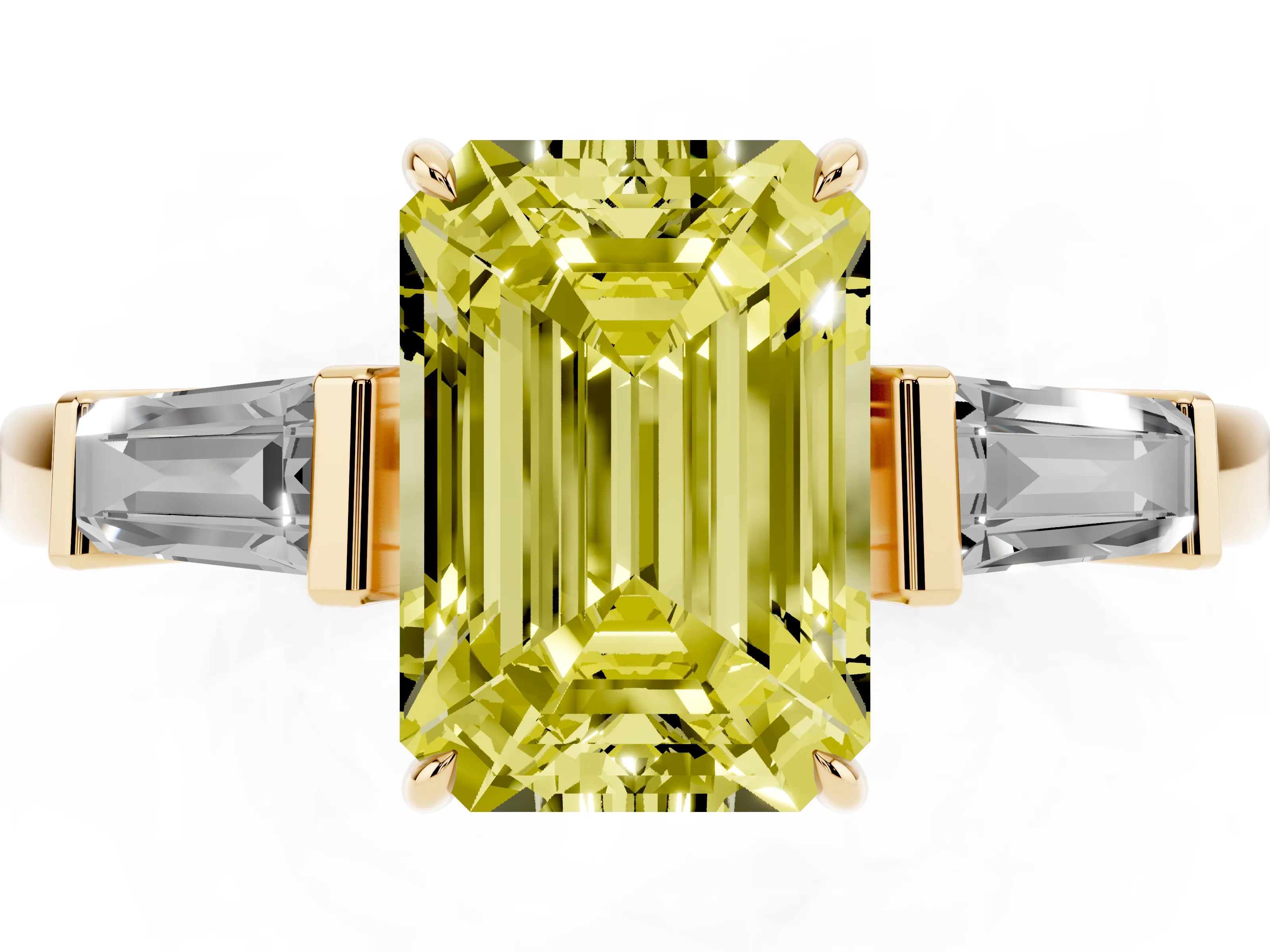 Fancy Yellow Emerald Cut Diamond Three-Stone Ring Set in Yellow gold with Tapered Baguette Side Stones and Prong Setting