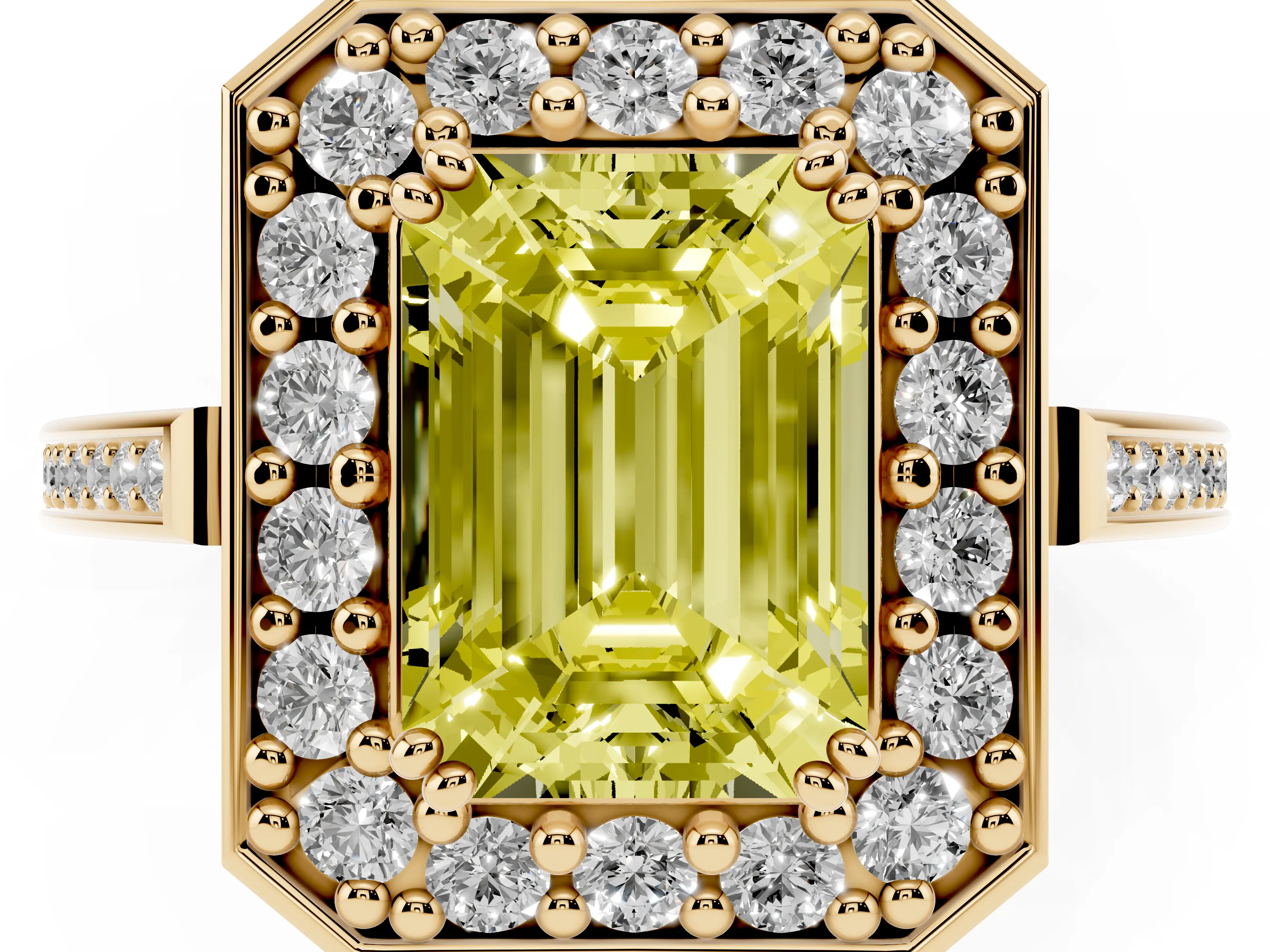Fancy Yellow Emerald Cut Diamond Halo Ring Set in Yellow gold with Accent-Lined Split Shank and Prong Setting