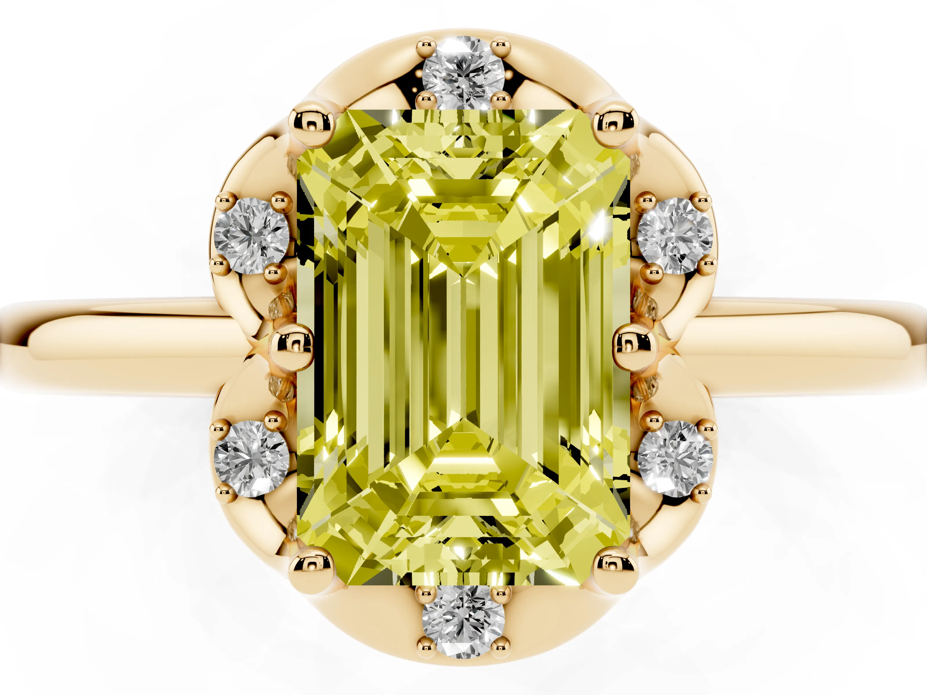 Fancy Yellow Emerald Cut Diamond Round Cluster Halo Ring Set in Yellow gold with Solitaire Band and Prong Setting