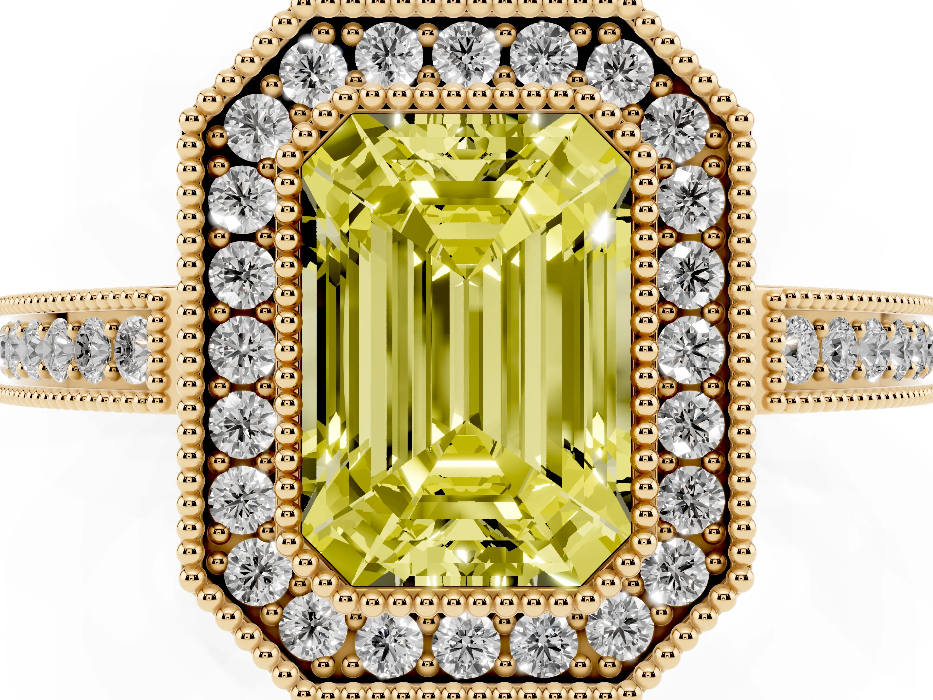 Fancy Yellow Emerald Cut Diamond Halo Ring Set in Yellow gold with Pavé Band and Milgrain-Edged Prongs