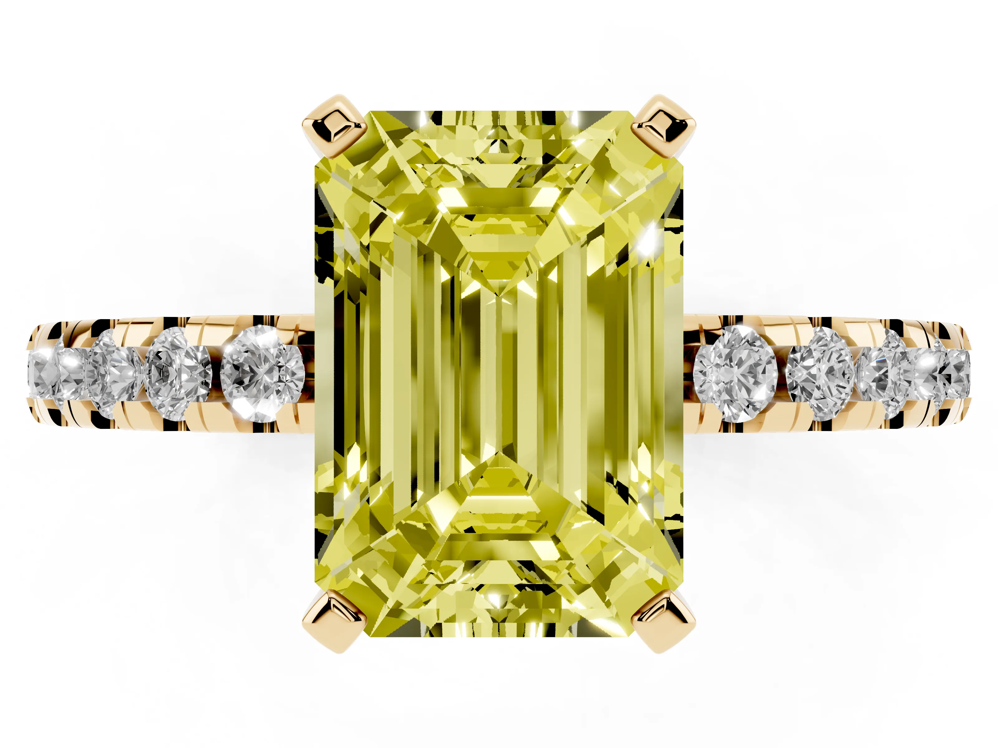 Fancy Yellow Emerald Cut Diamond Pavé Solitaire Ring Set in Yellow gold with Round Band Accents and Prong Setting