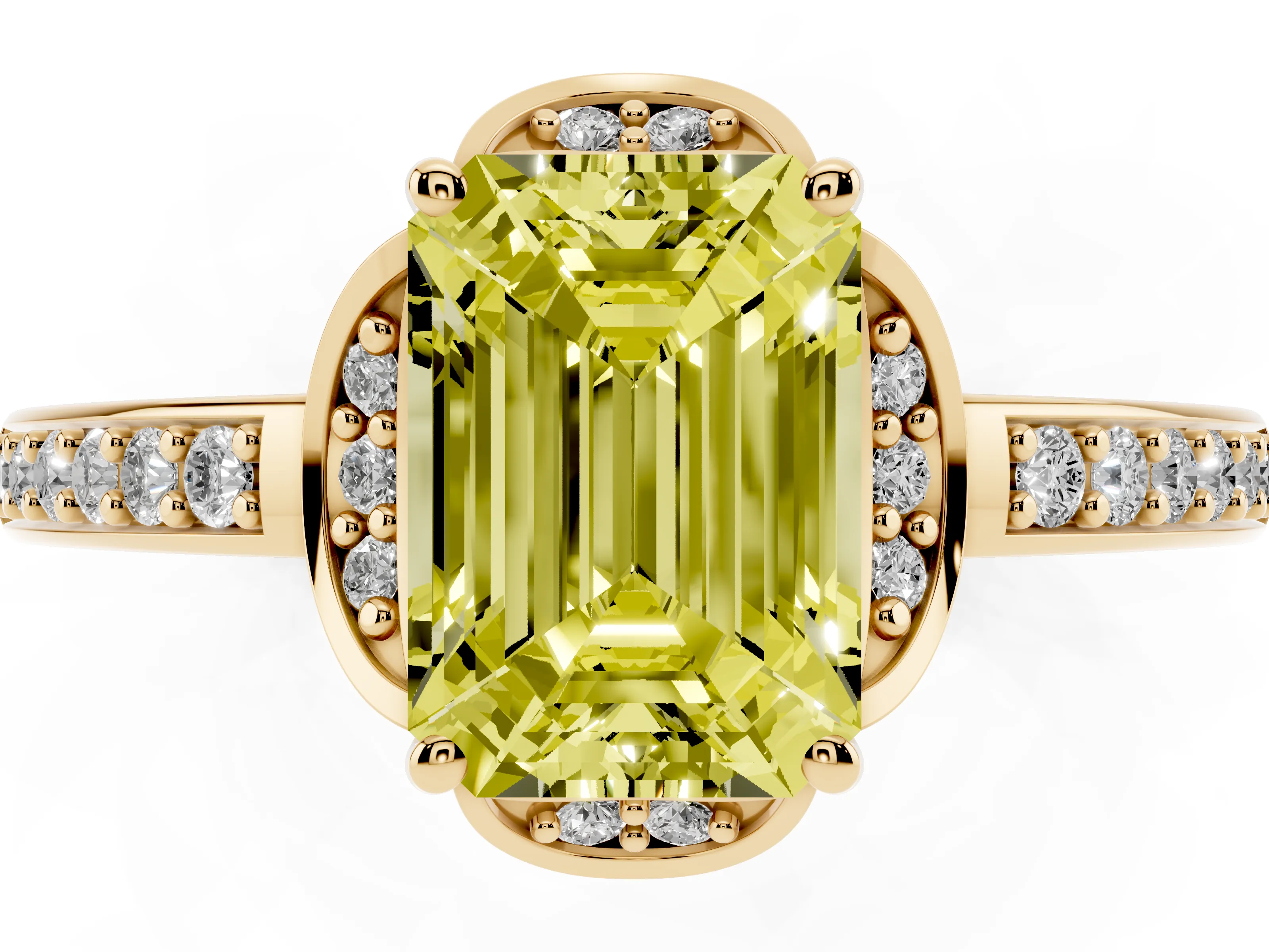 Fancy Yellow Emerald Cut Diamond Halo Ring Set in Yellow gold with Channel Set Band and Prong Setting