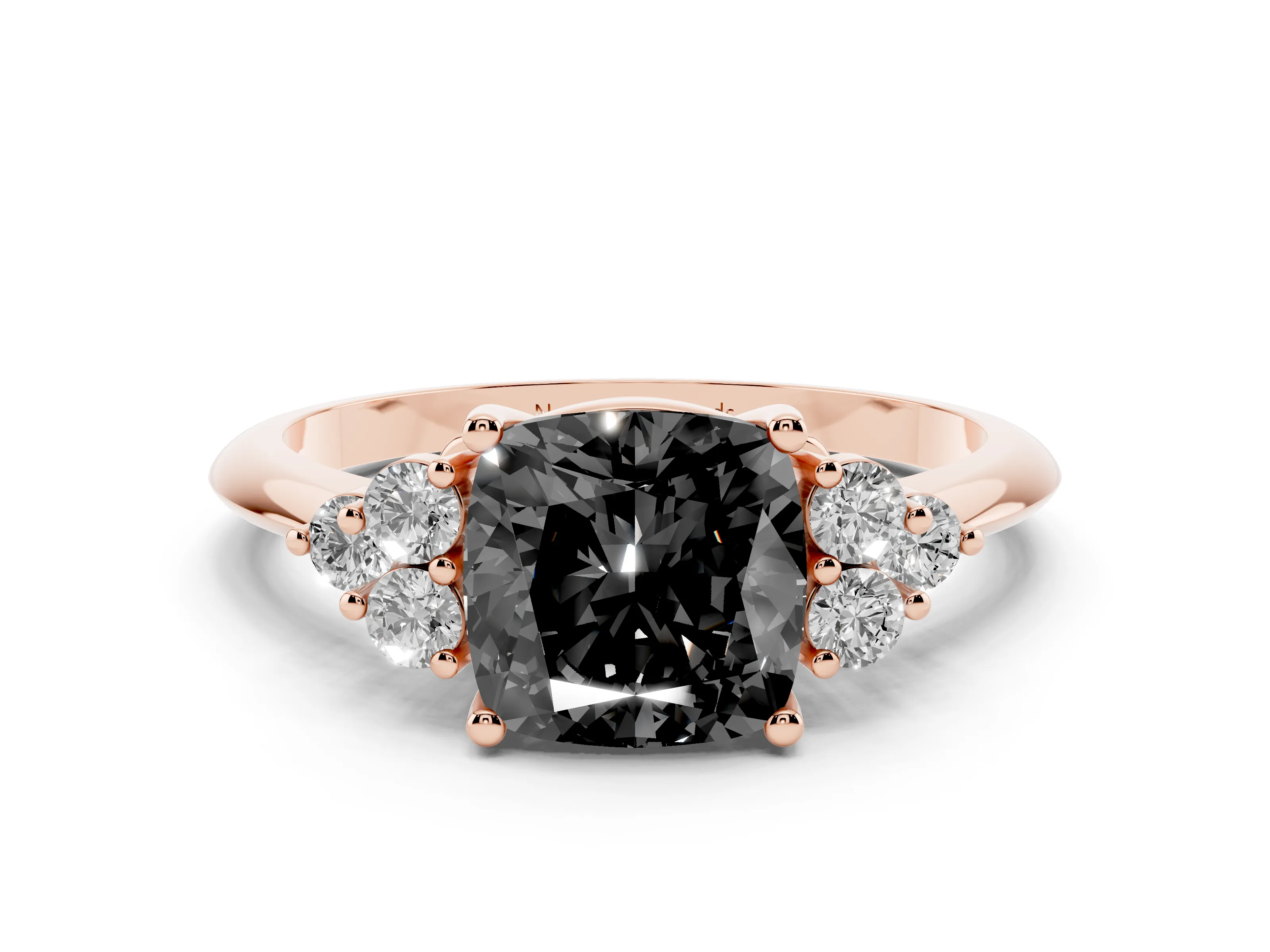 Fancy Black Cushion Cut Diamond Cluster Ring Set in Rose gold with Plain Band and Prong Setting