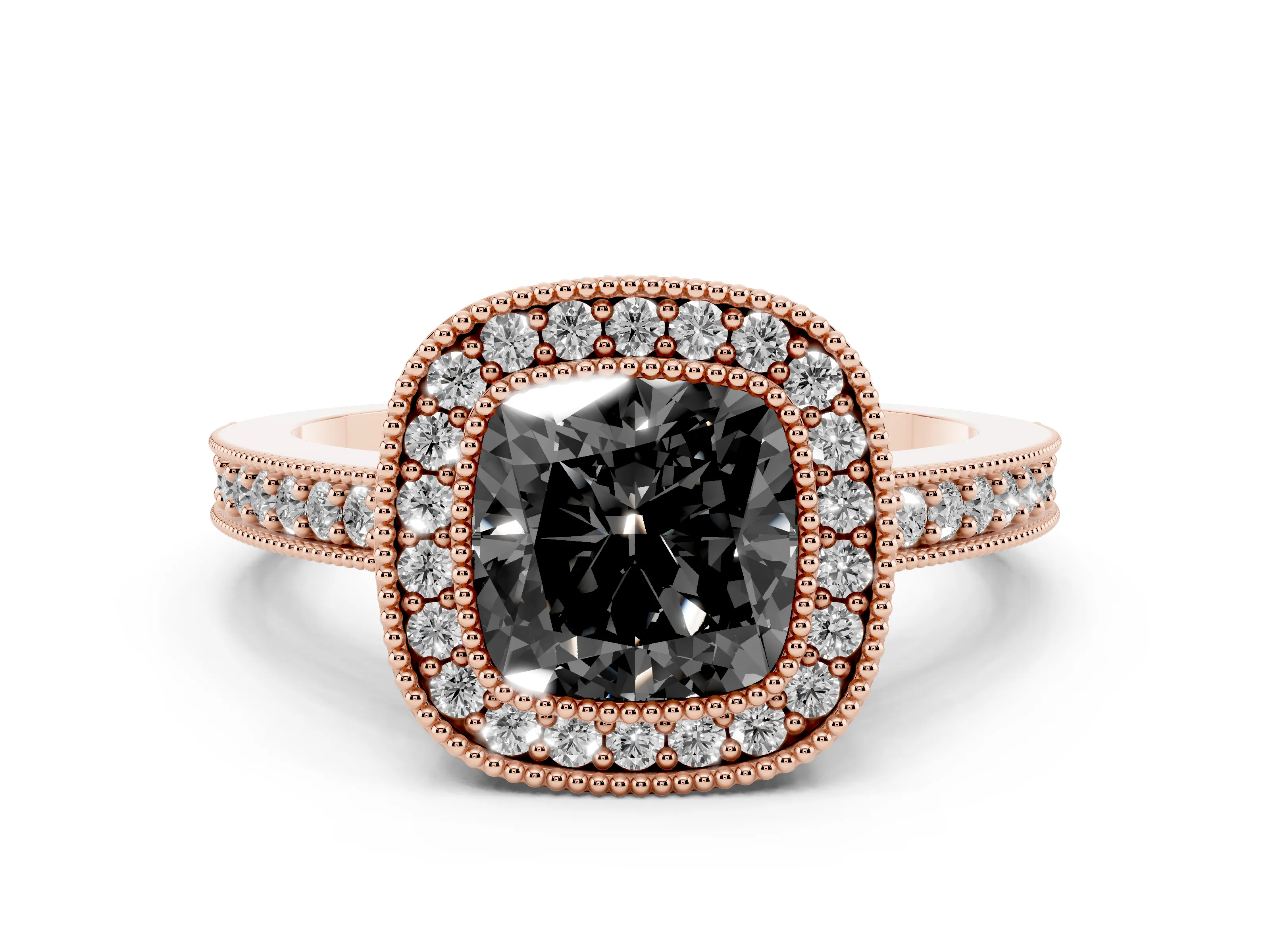 Fancy Black Cushion Cut Diamond Halo Engagement Ring Set in Rose gold with Pavé Band and Round Halo Stones