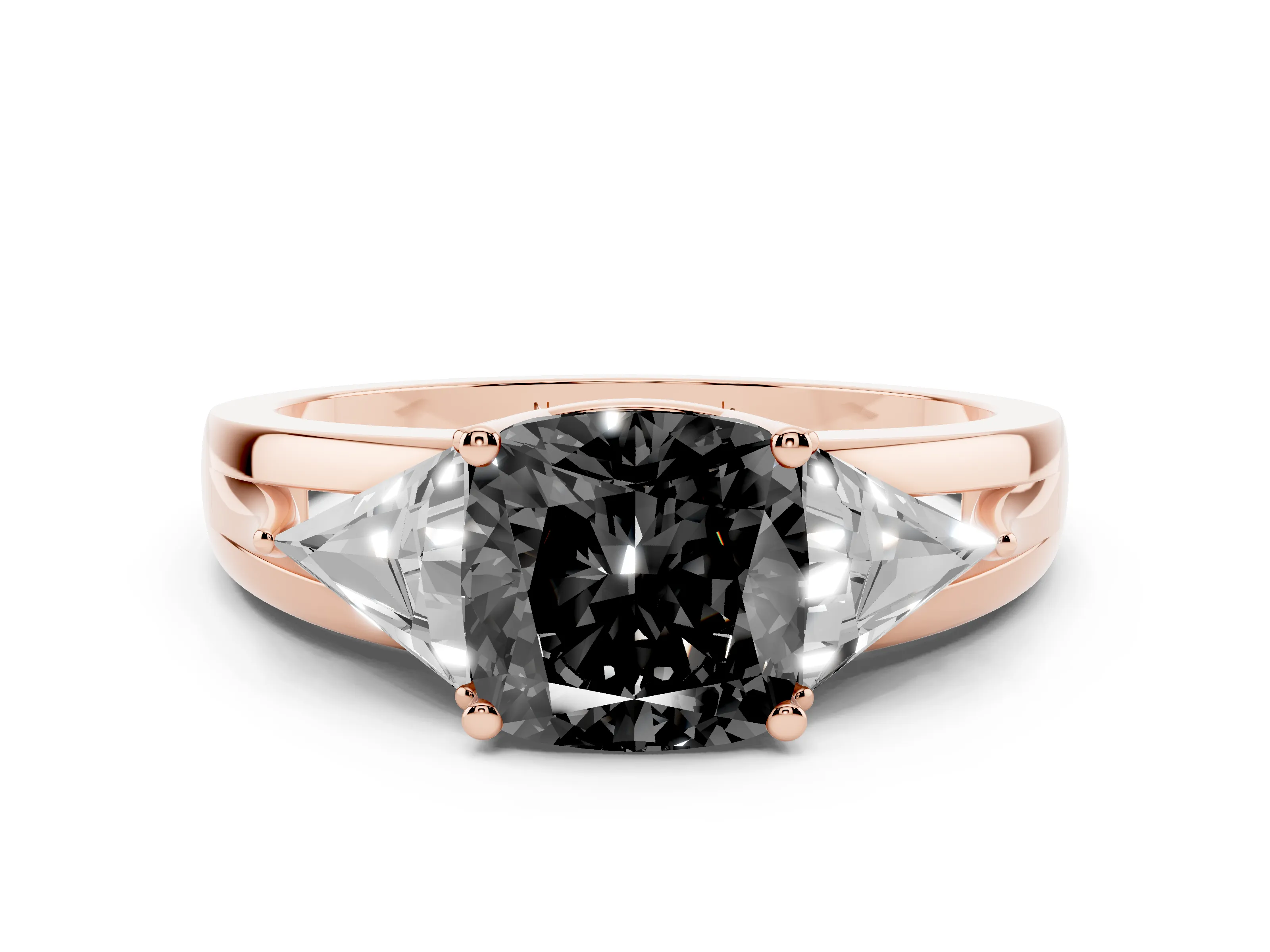 Fancy Black Cushion Cut Diamond Three-Stone Ring Set in Rose gold with Trillion Side Stones and Split Shank
