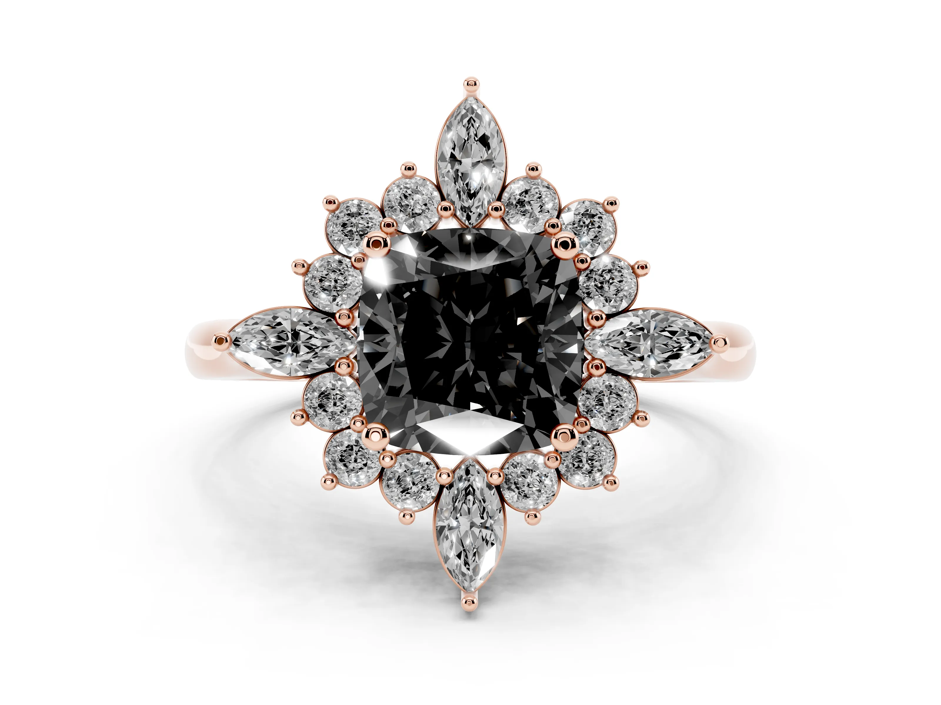 Fancy Black Cushion Cut Diamond Cluster Halo Ring Set in Rose gold with Marquise and Round Accents