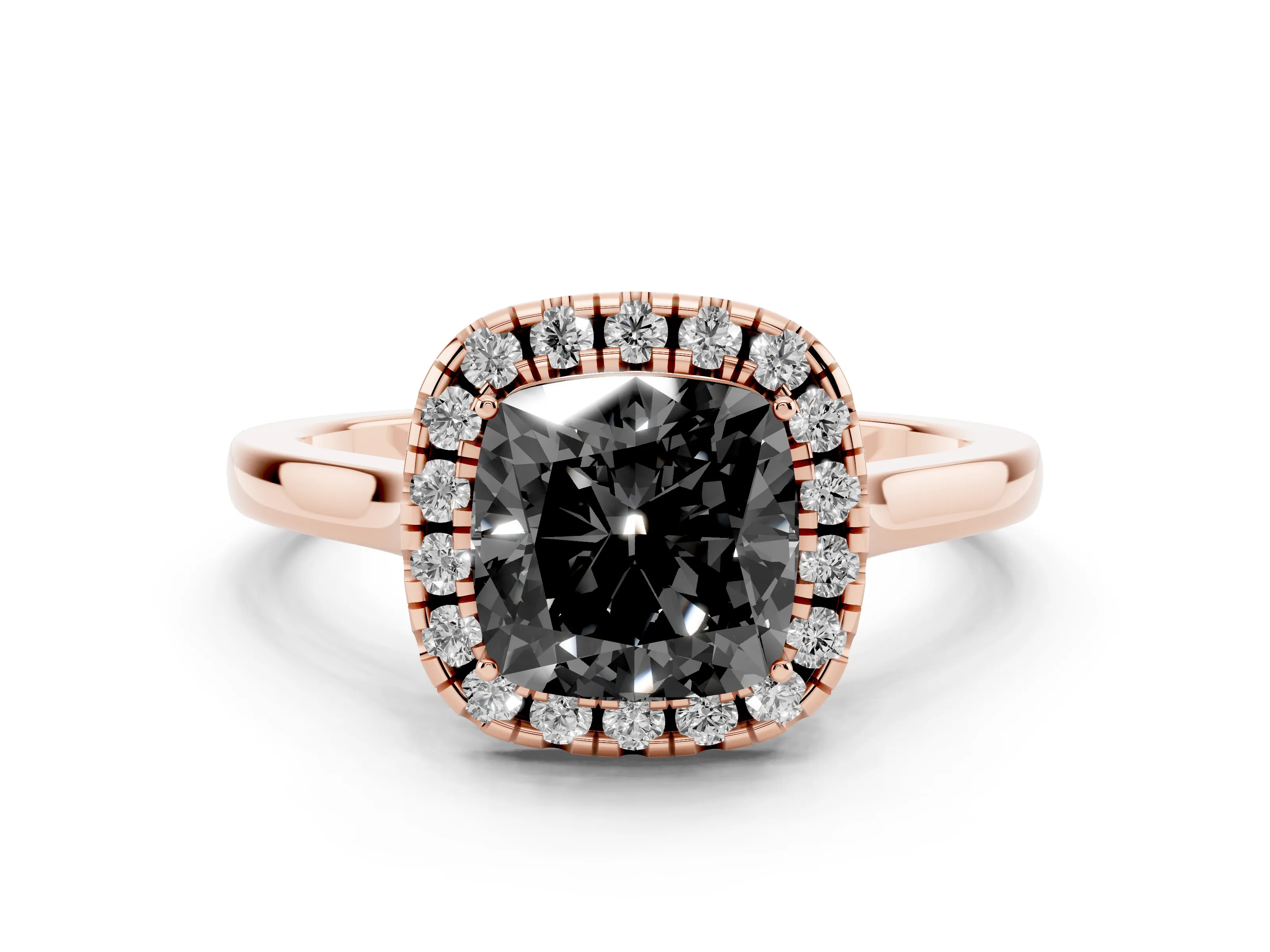 Fancy Black Cushion Cut Halo Round Diamond Solitaire Ring Set in Rose gold with Pavé Band and Prong Setting
