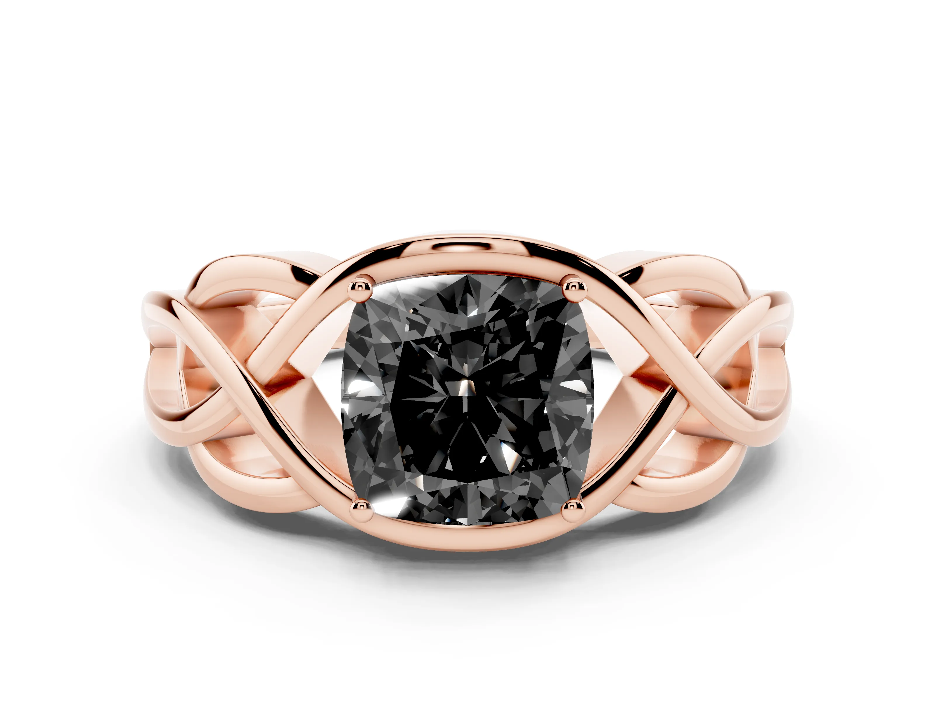 Fancy Black Cushion Cut Diamond Solitaire Ring Set in Rose gold with Intertwined Band