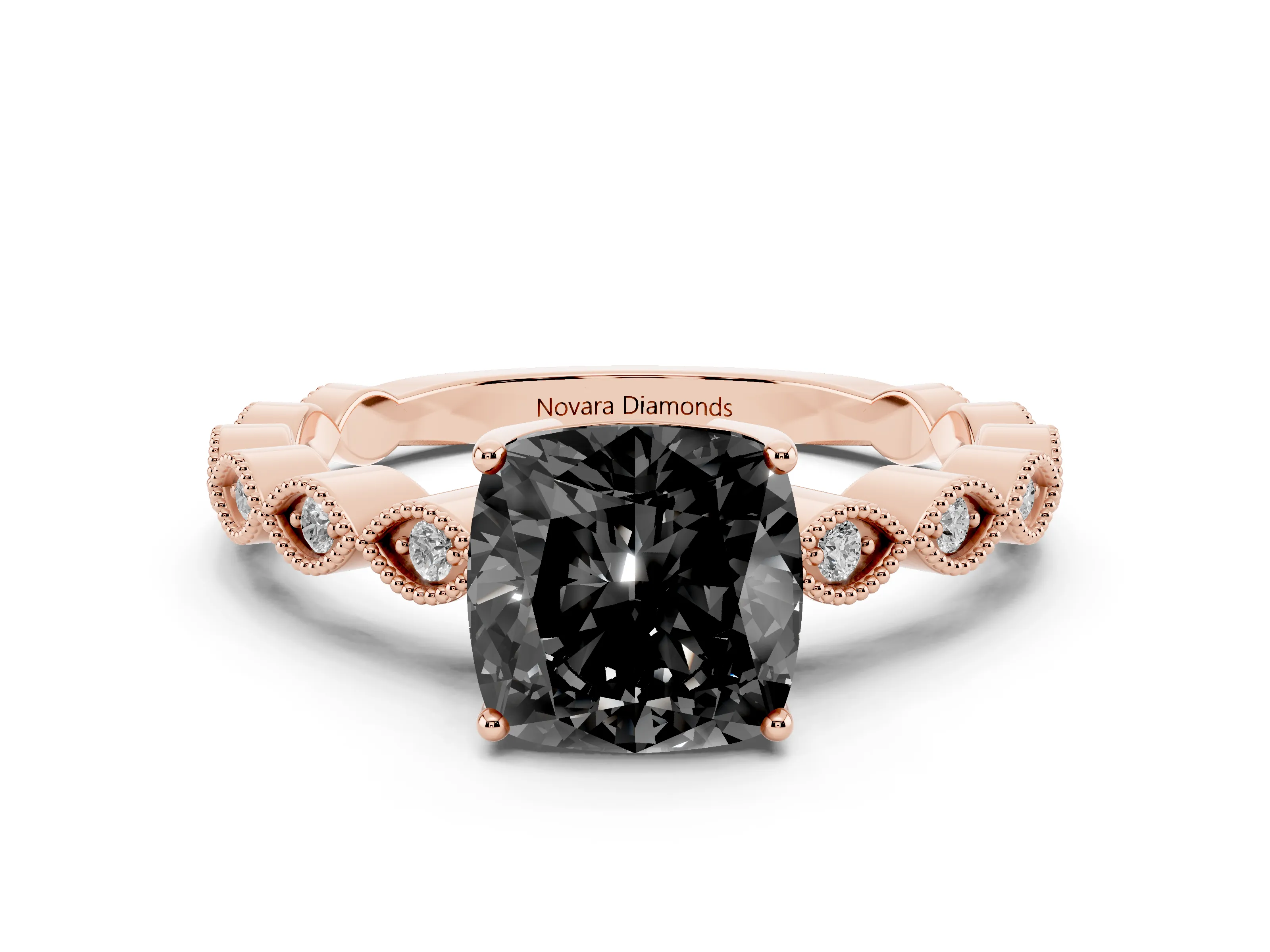 Fancy Black Cushion Cut Diamond Solitaire Ring Set in Rose gold with Infinity Twist Pavé Band