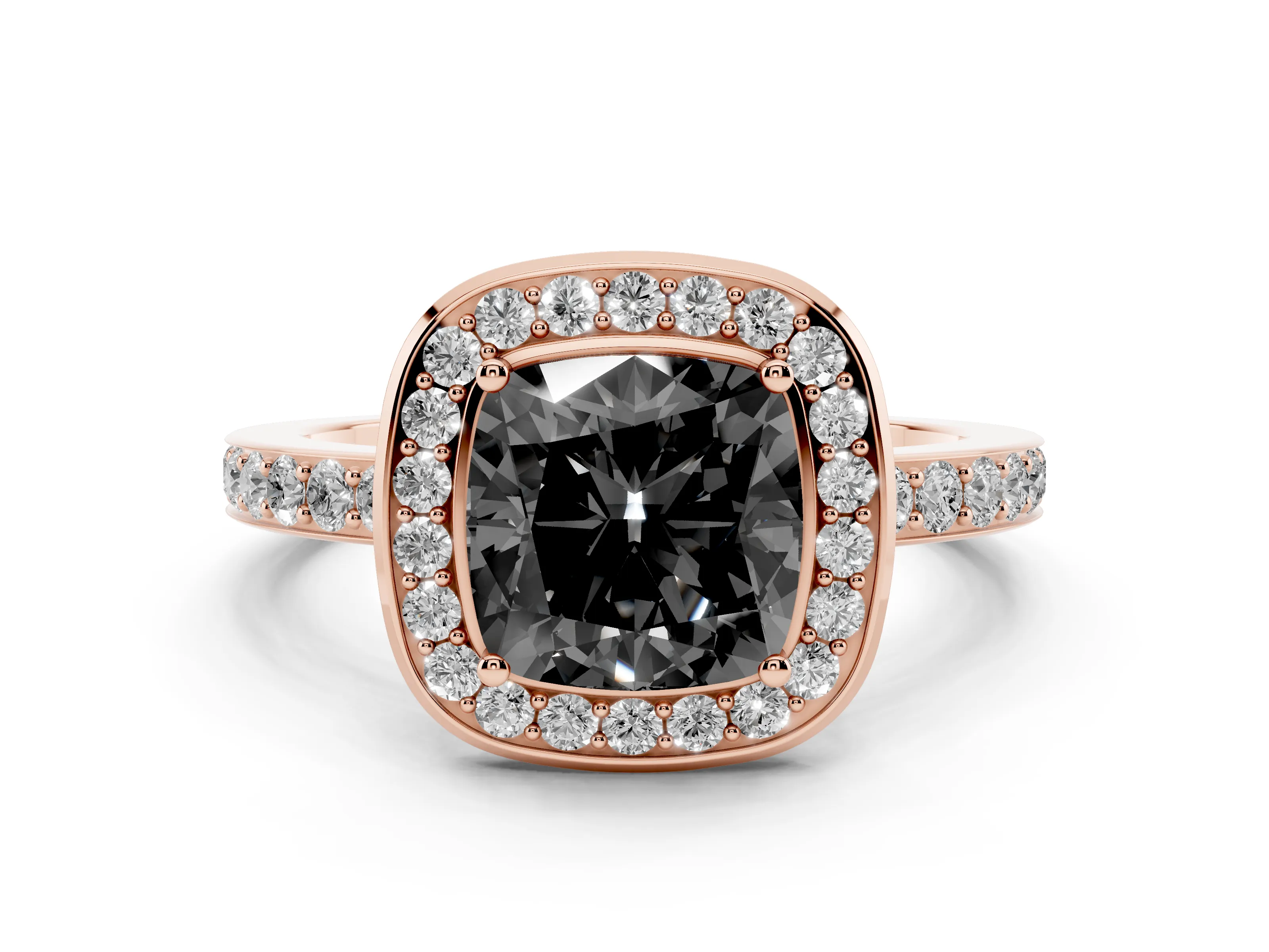 Fancy Black Cushion Cut Diamond Halo Ring Set in Rose gold with Bezel Frame and Pavé Band