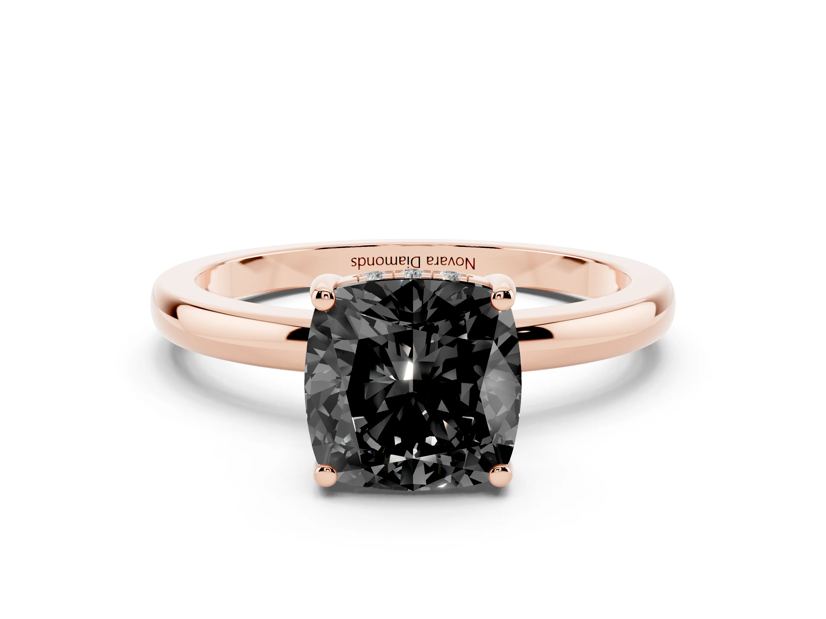Fancy Black Cushion Cut Diamond Solitaire Ring Set in Rose gold with Plain Band and Prong Setting