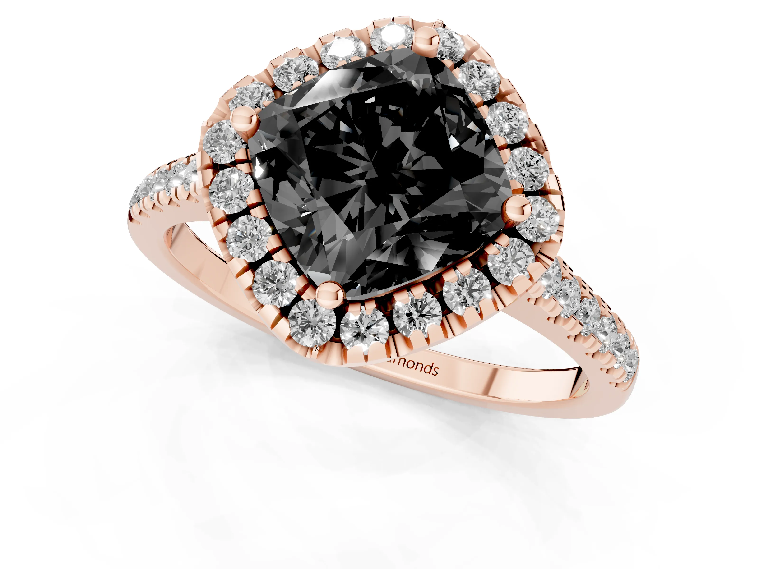 Fancy Black Cushion Cut Diamond Cushion Halo Ring Set in Rose gold with Pavé Band