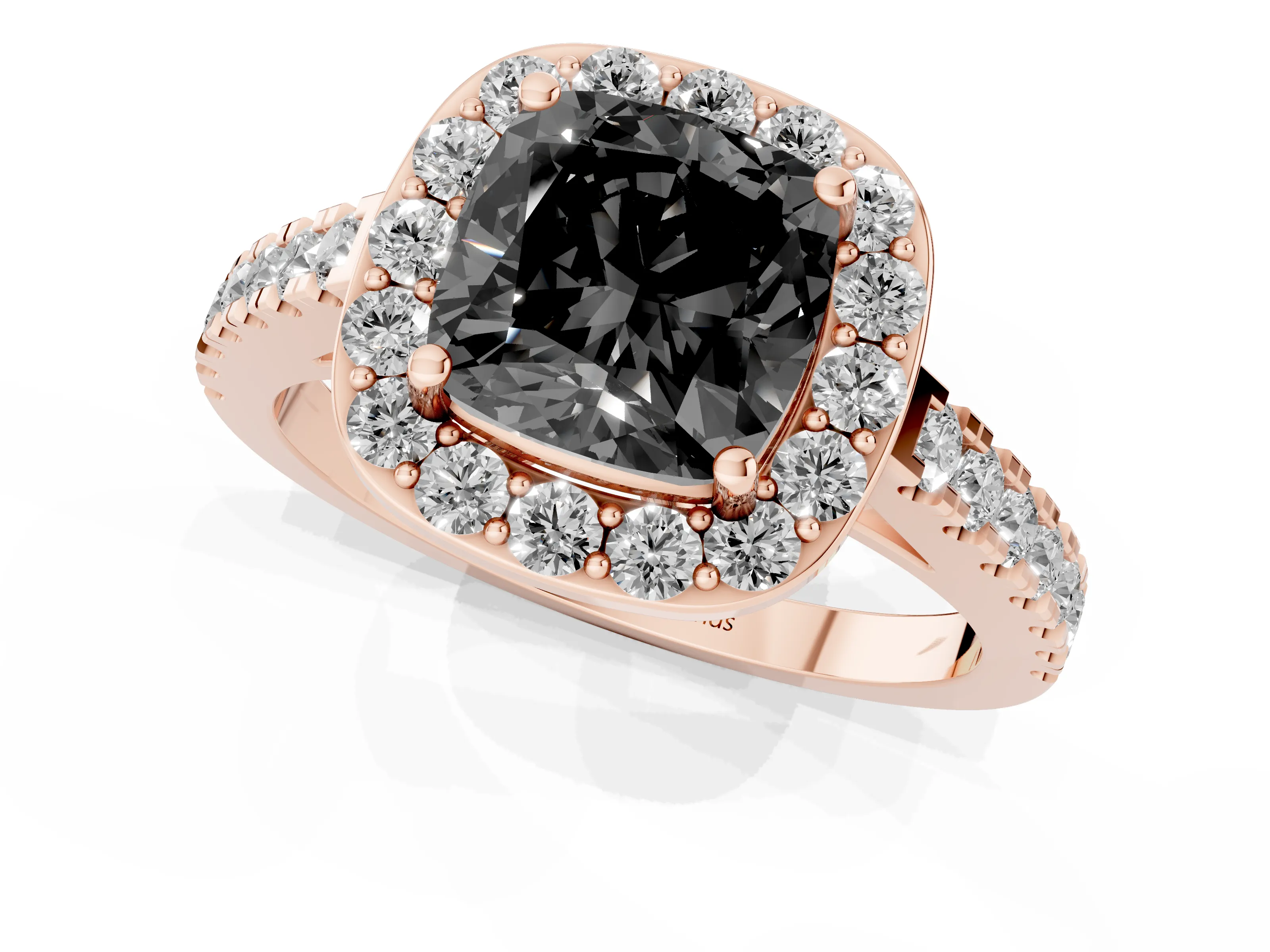 Fancy Black Cushion Cut Diamond Halo Ring Set in Rose gold with Round Pavé Split Shank and Prong Setting