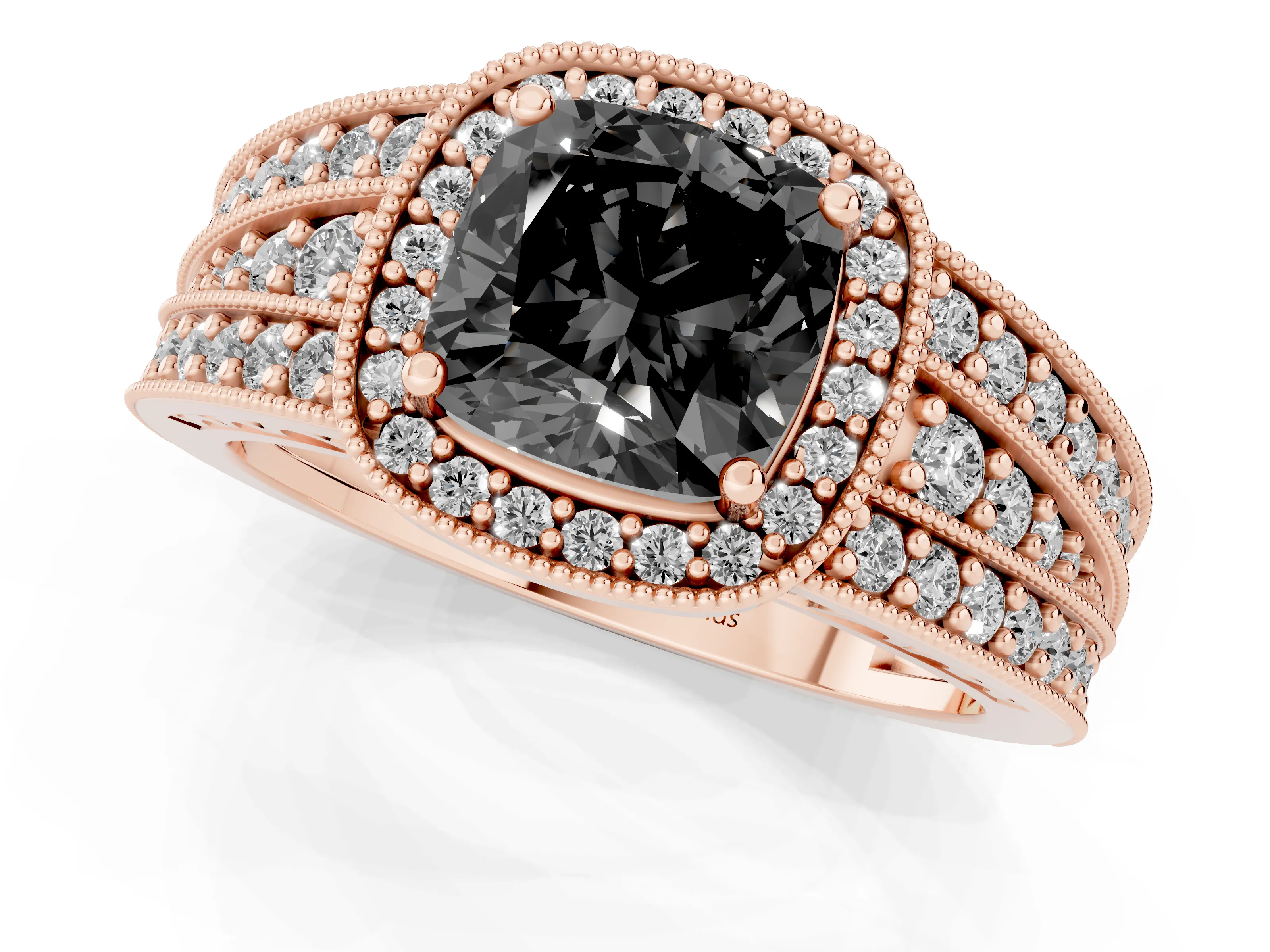 Fancy Black Cushion Cut Diamond Halo Ring Set in Rose gold with Accent Split Shank and Prong Setting